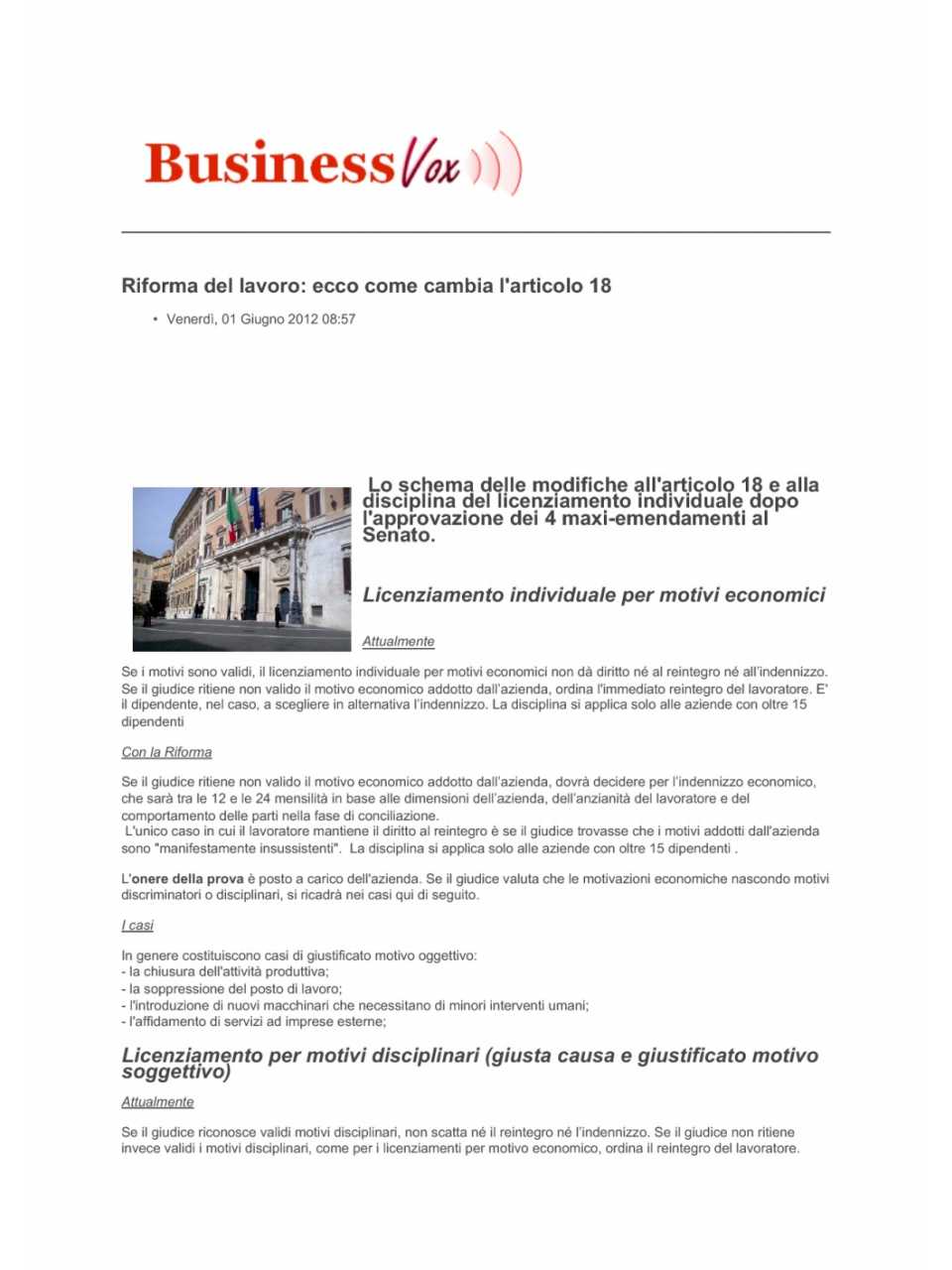 Riforma del lavoro: ecco come cambia l’Articolo 18