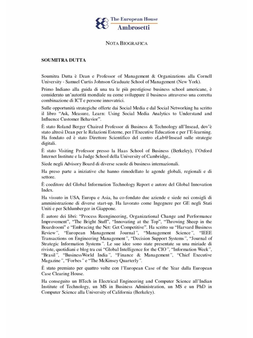 Nota biografica - Soumitra Dutta