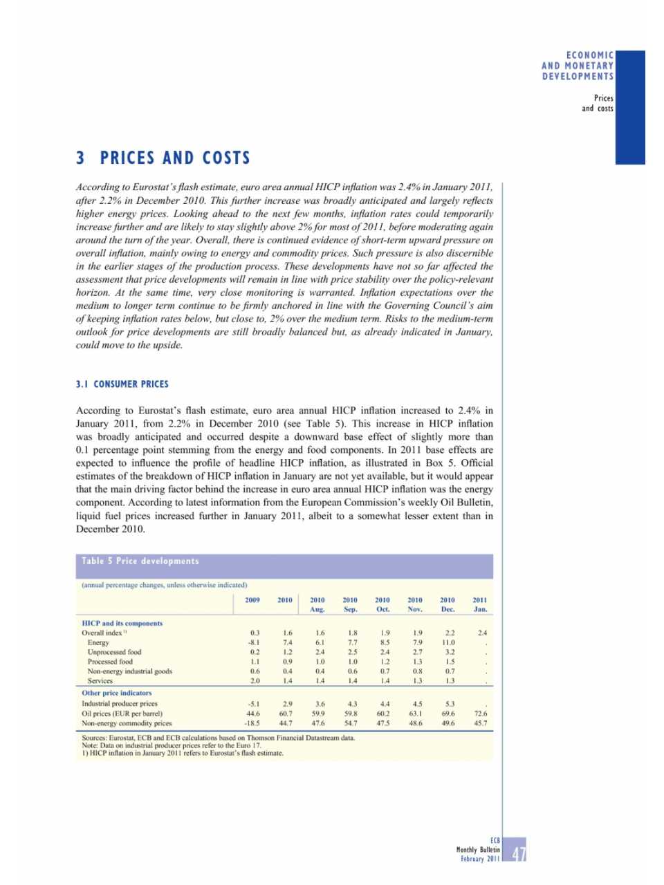 Prices and cost (Monthly Bulletin n. 2 - February 2011)