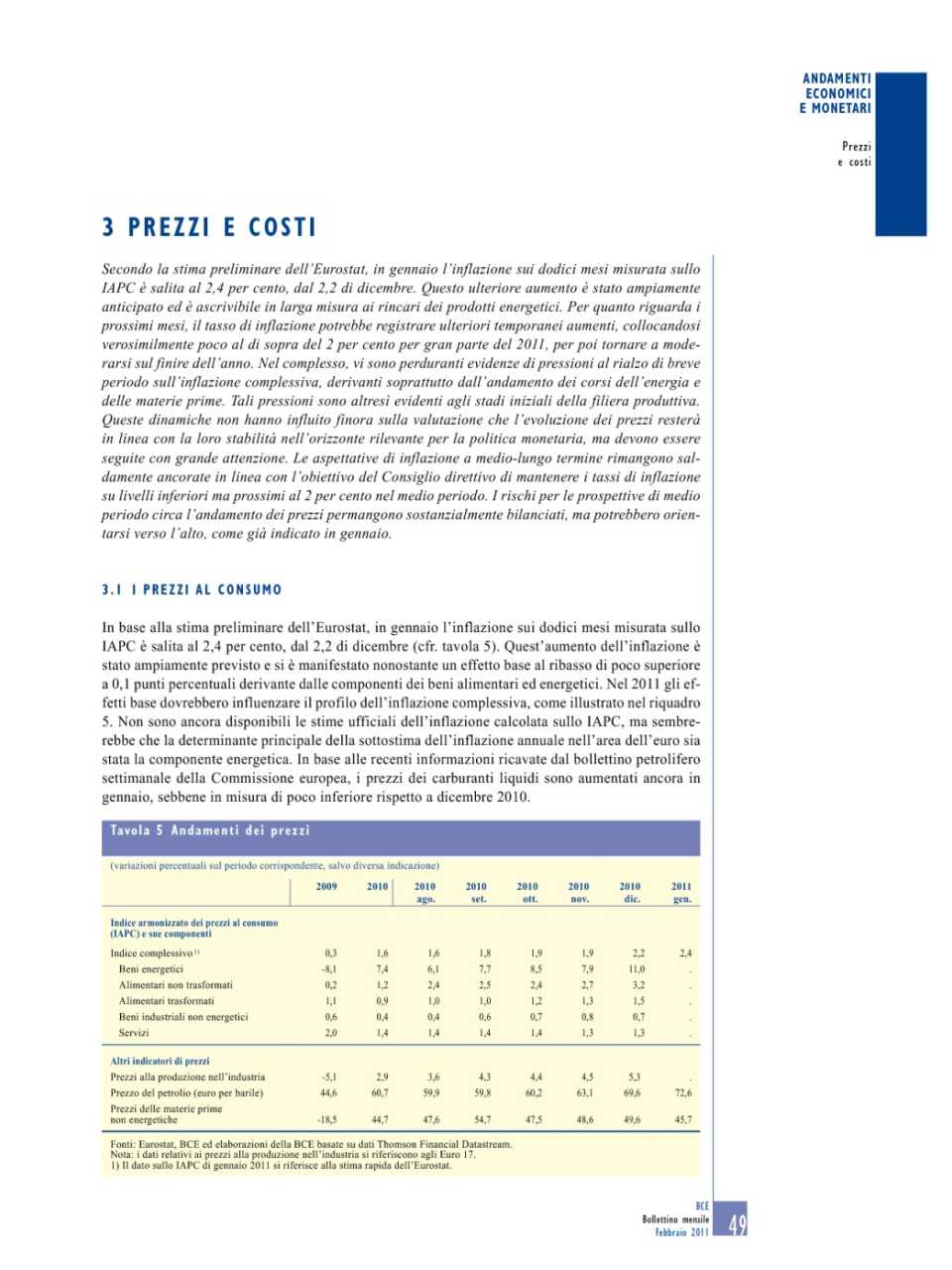 Prezzi e costi (Bollettino Mensile n. 3 - Febbraio 2011)