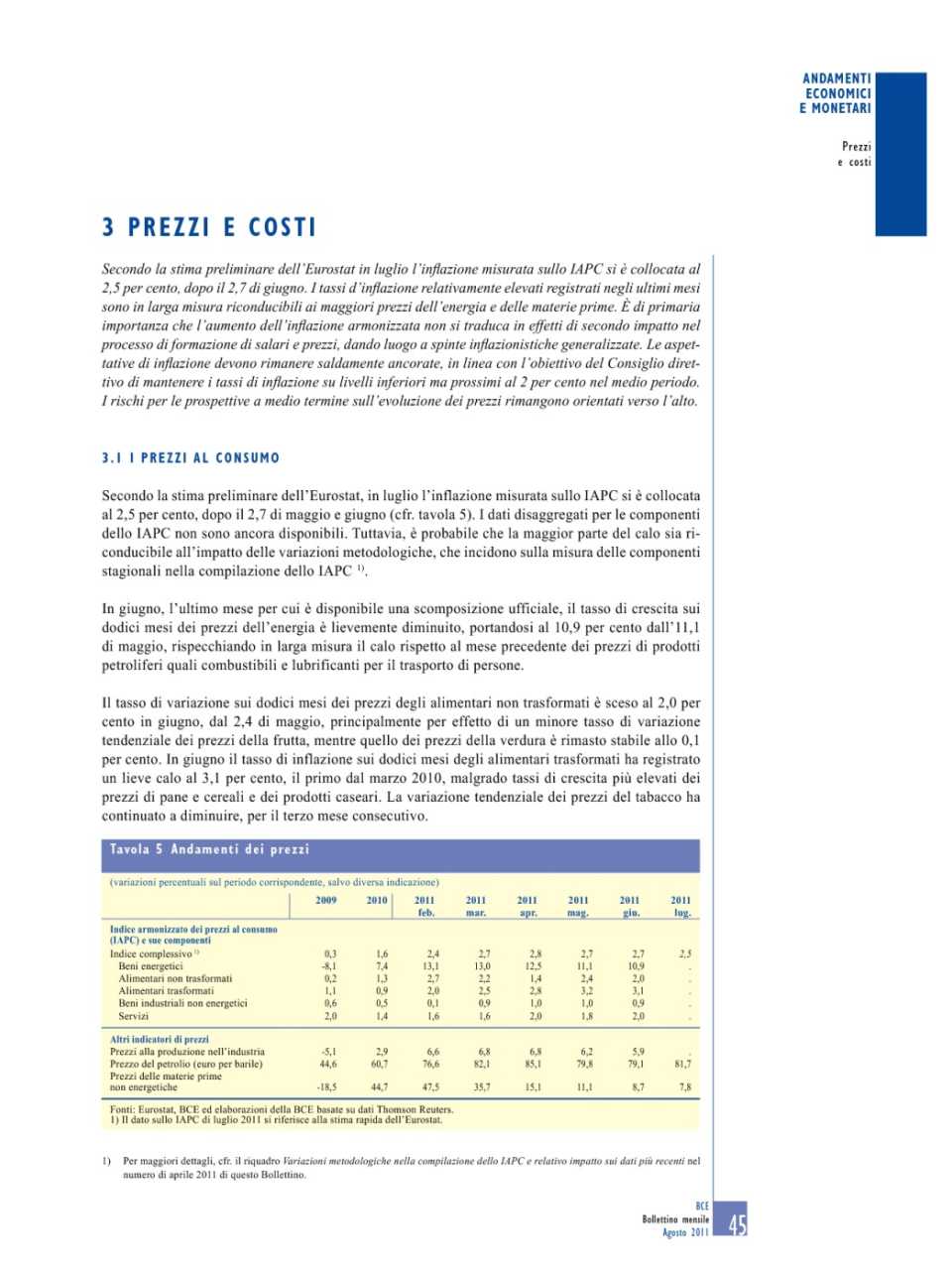 Prezzi e costi (Bollettino Mensile - Agosto 2011)