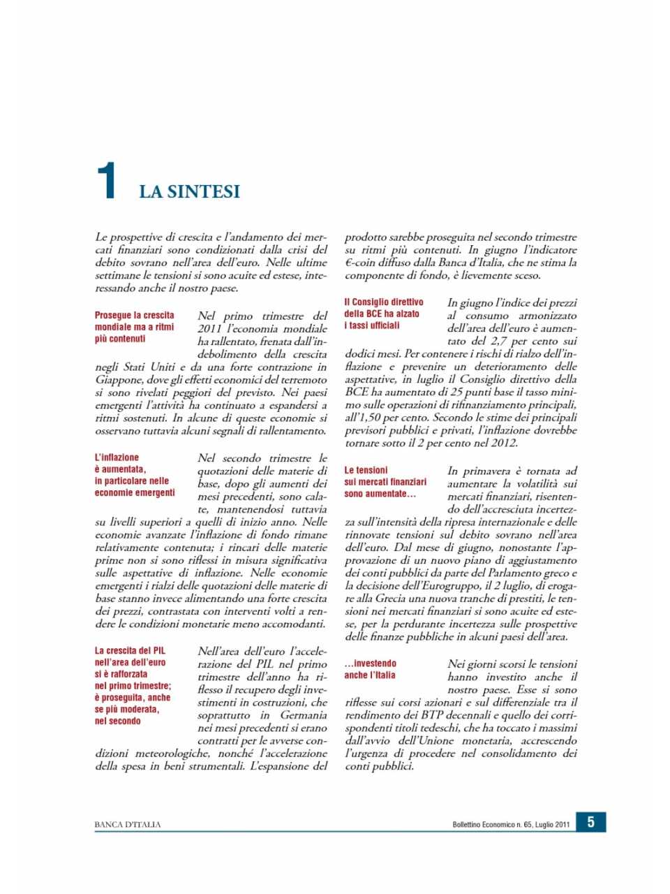 Bollettino Economico - La Sintesi