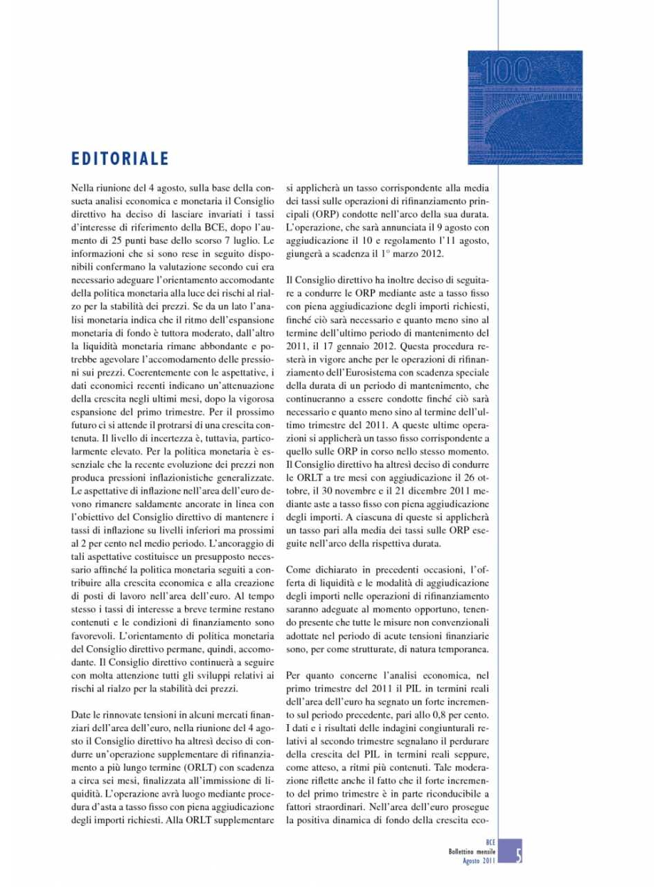 Bollettino mensile Banca Centrale Europea (Agosto 2011) Editoriale