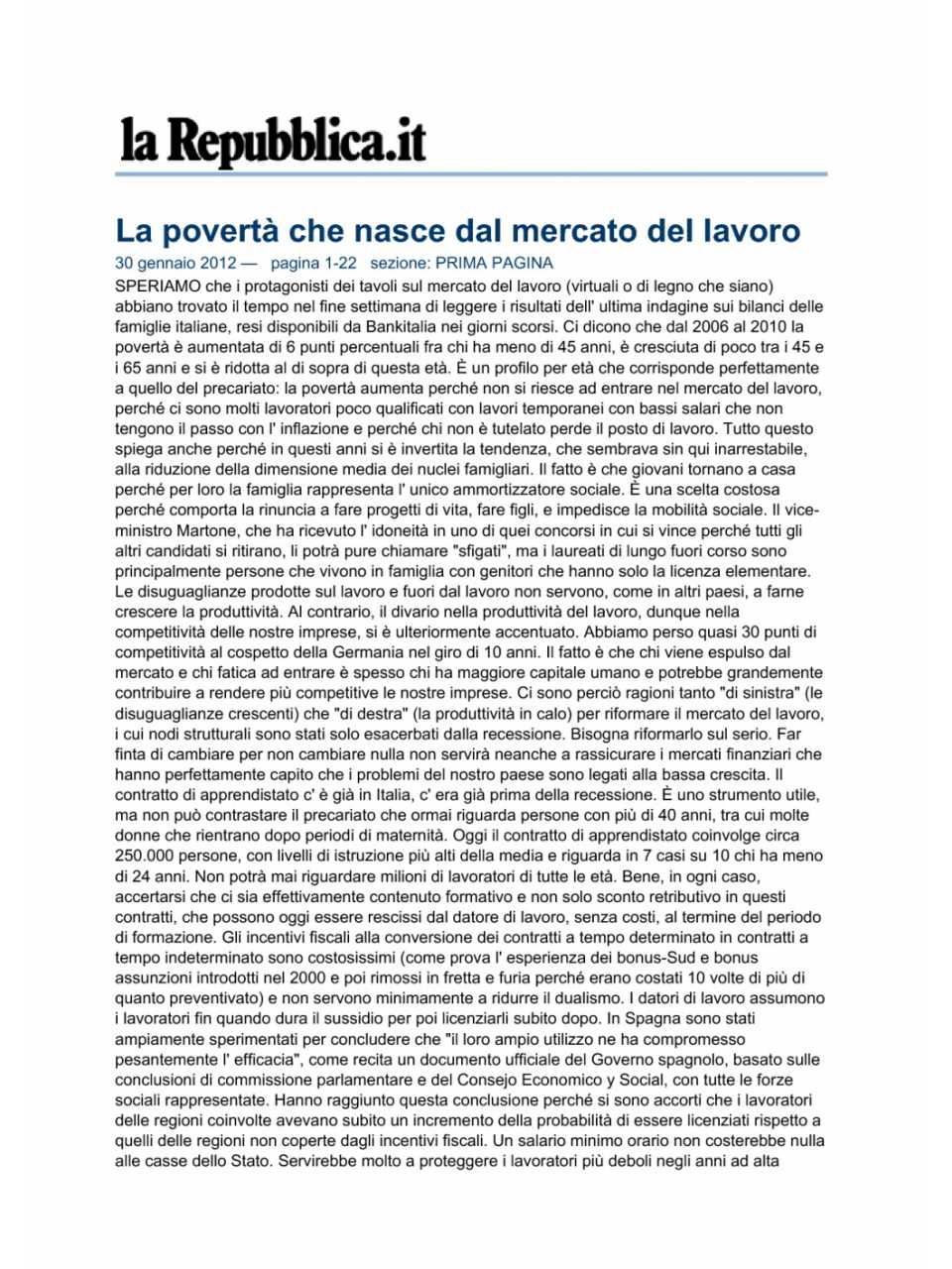 la povertà che nasce dal mercato del lavoro