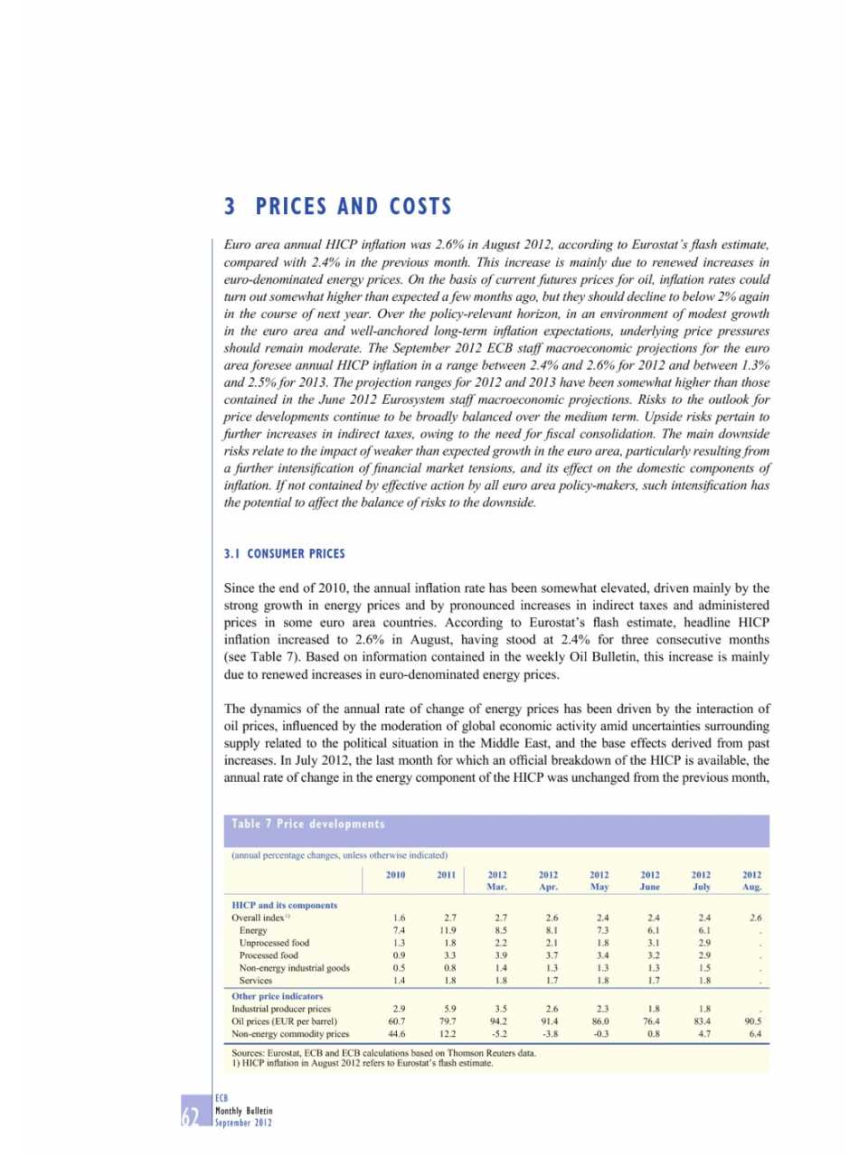 Prices and cost (Monthly Bulletin n. 9 - September 2012)