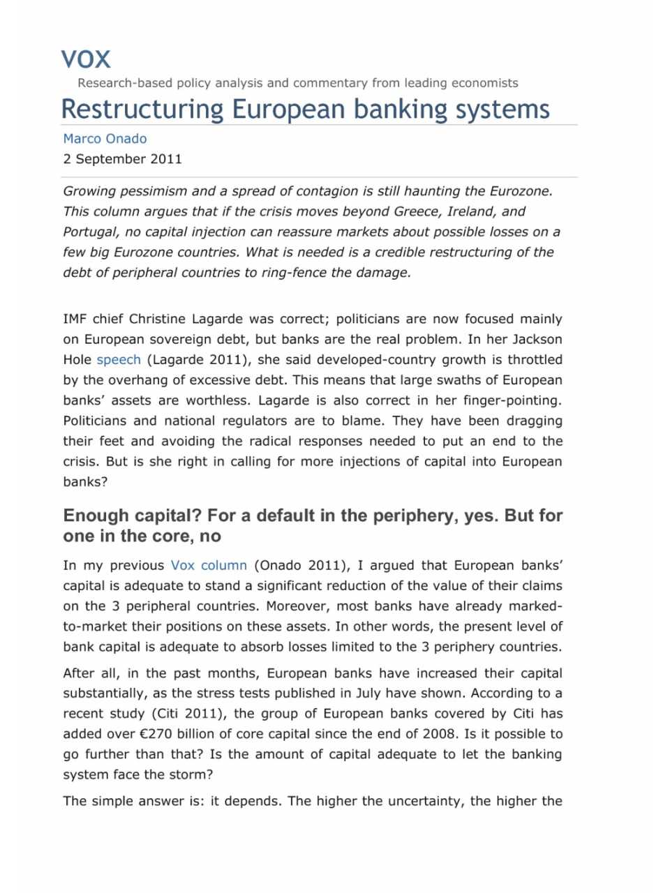 Restructuring European banking systems