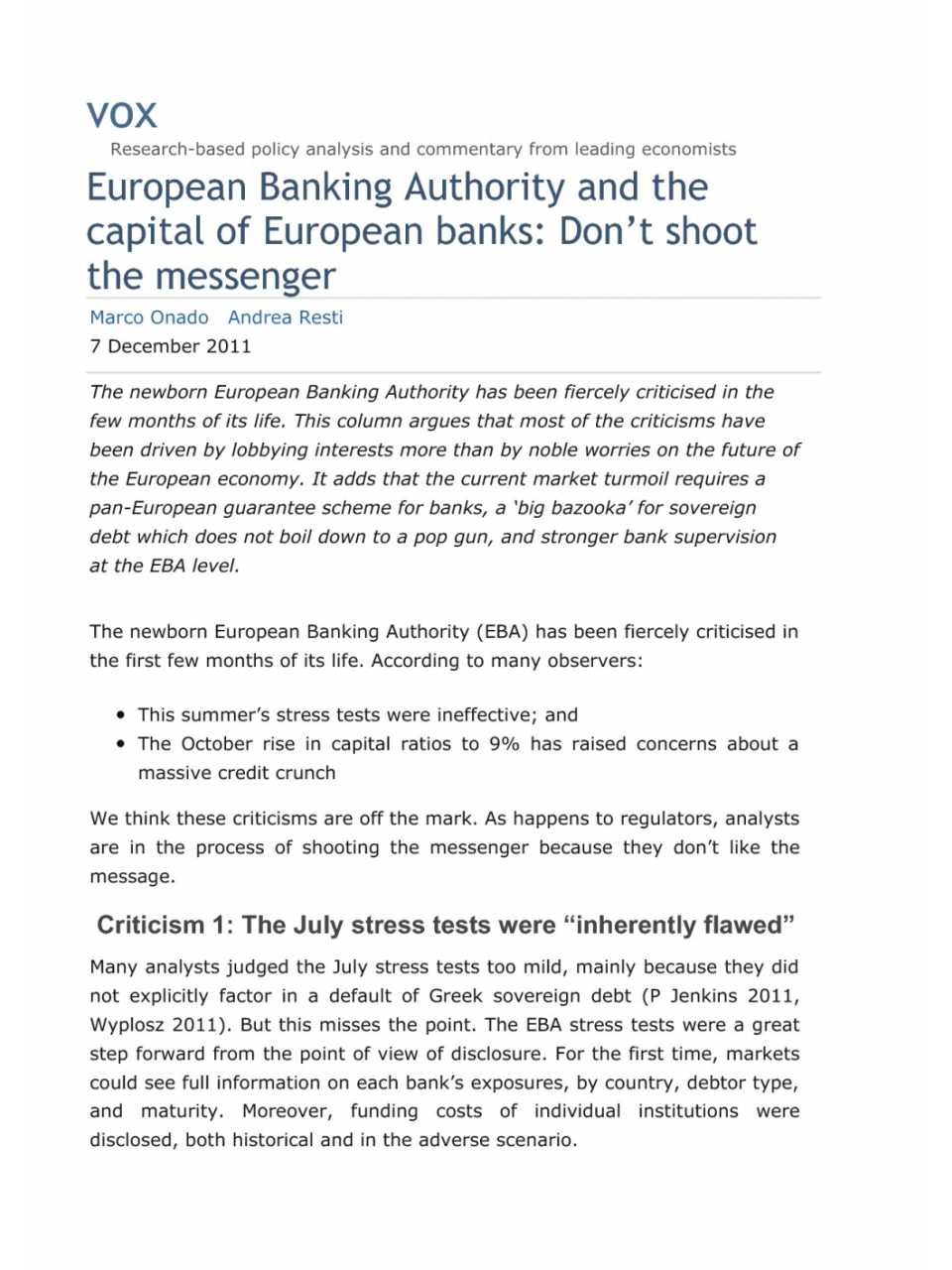 European Banking Authority and Capital of European Banks: don't shoot the Messenger