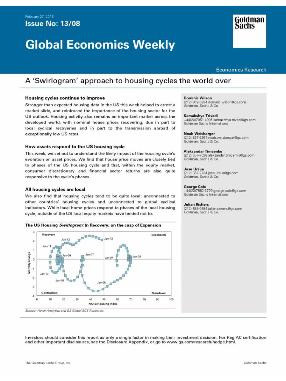Global Economics Weekly. A Swirlogram approach to housing cycles the world over