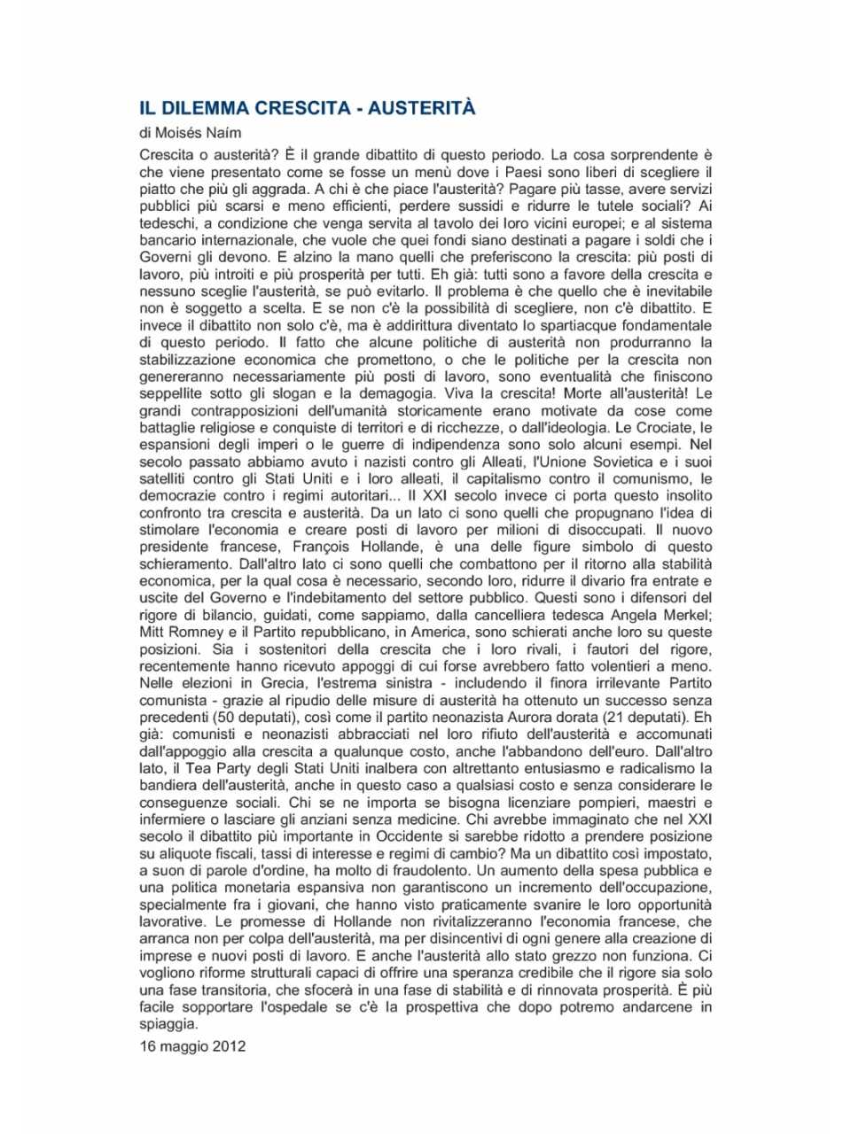 Il dilemma crescita - austerità