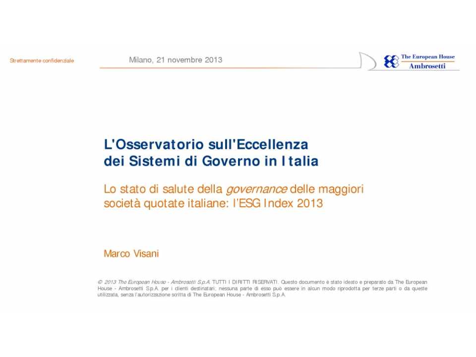 Lo stato di salute della Corporate Governance delle maggiori società quotate italiane: l’ESG Index 2013