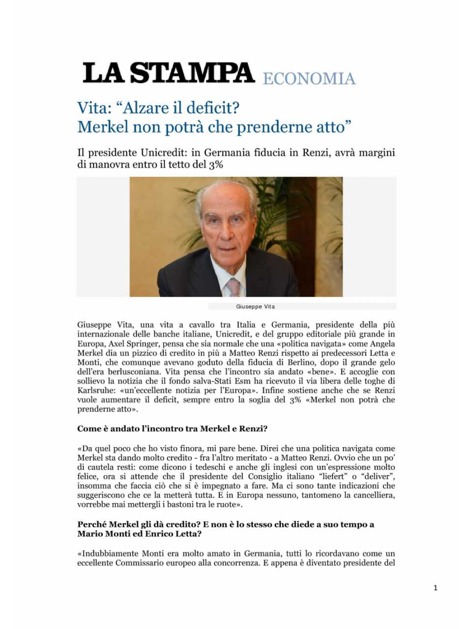 Vita: Alzare il deficit? Merkel non potrà che prenderne atto