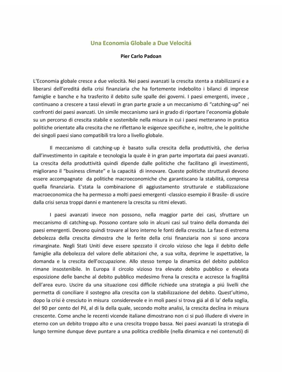 Una economia globale a due velocità