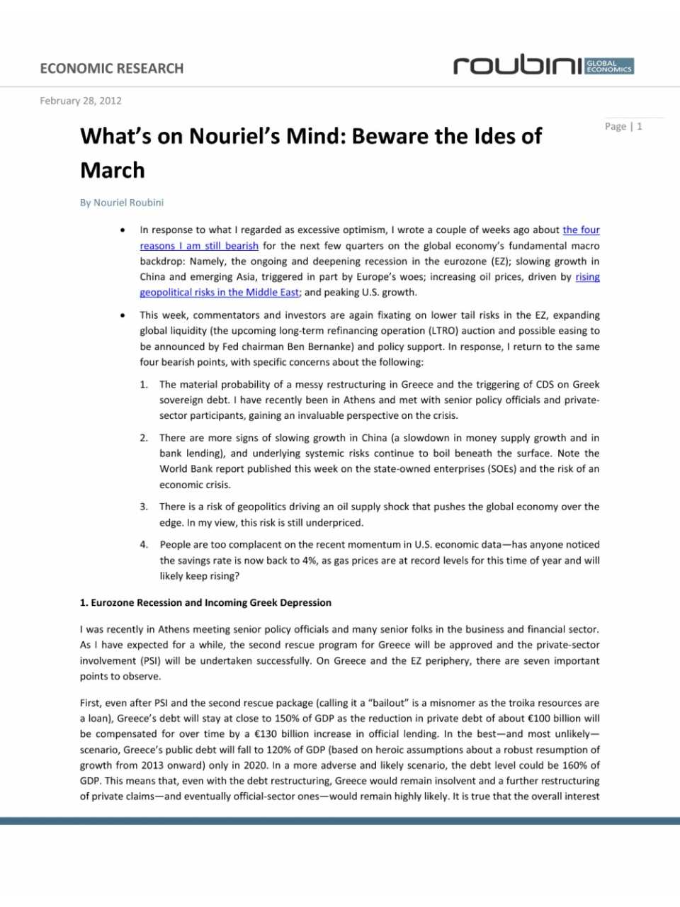 What's on Nouriel’s mind: beware the ides of march
