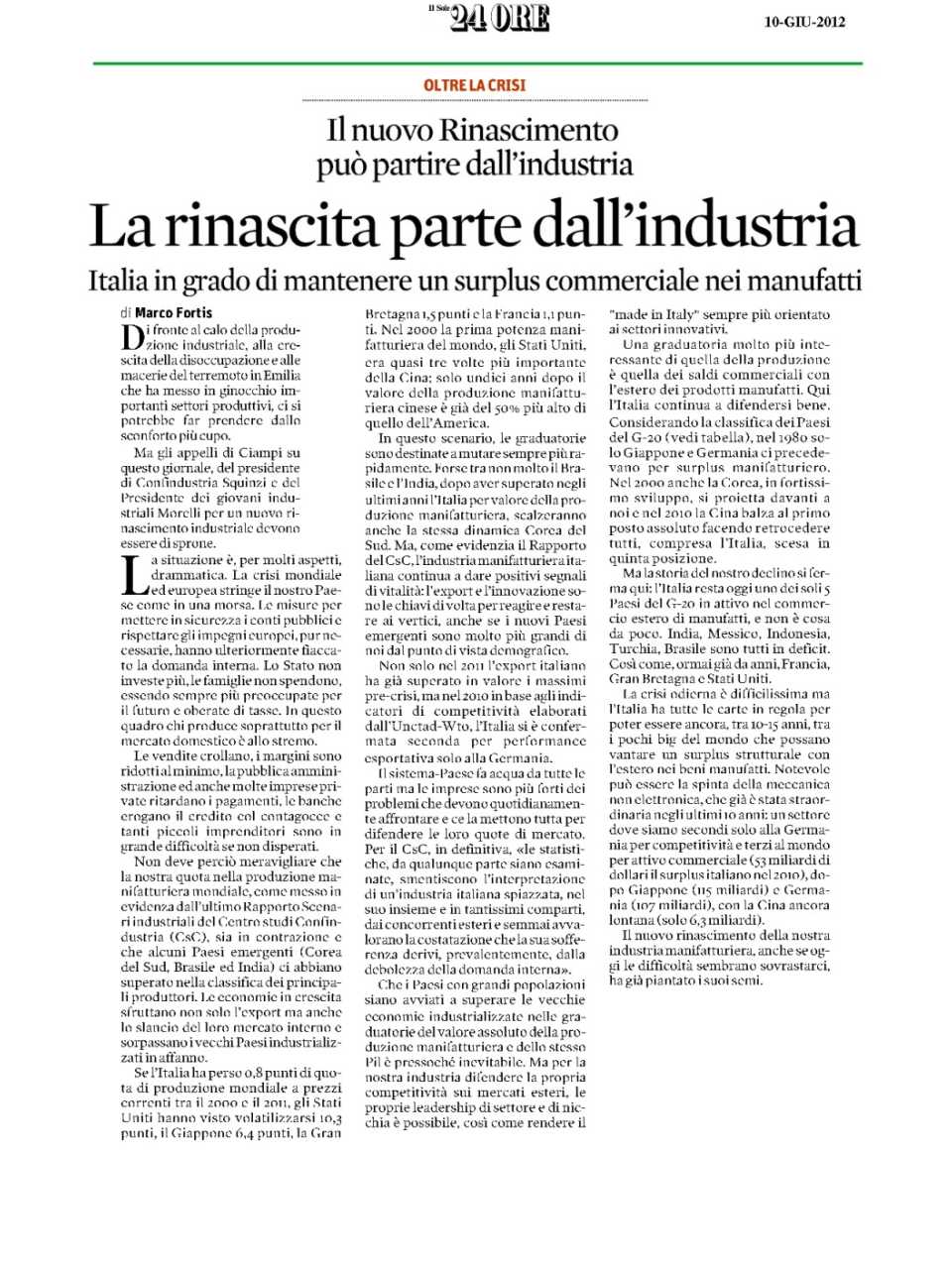 La rinascita parte dall'industria