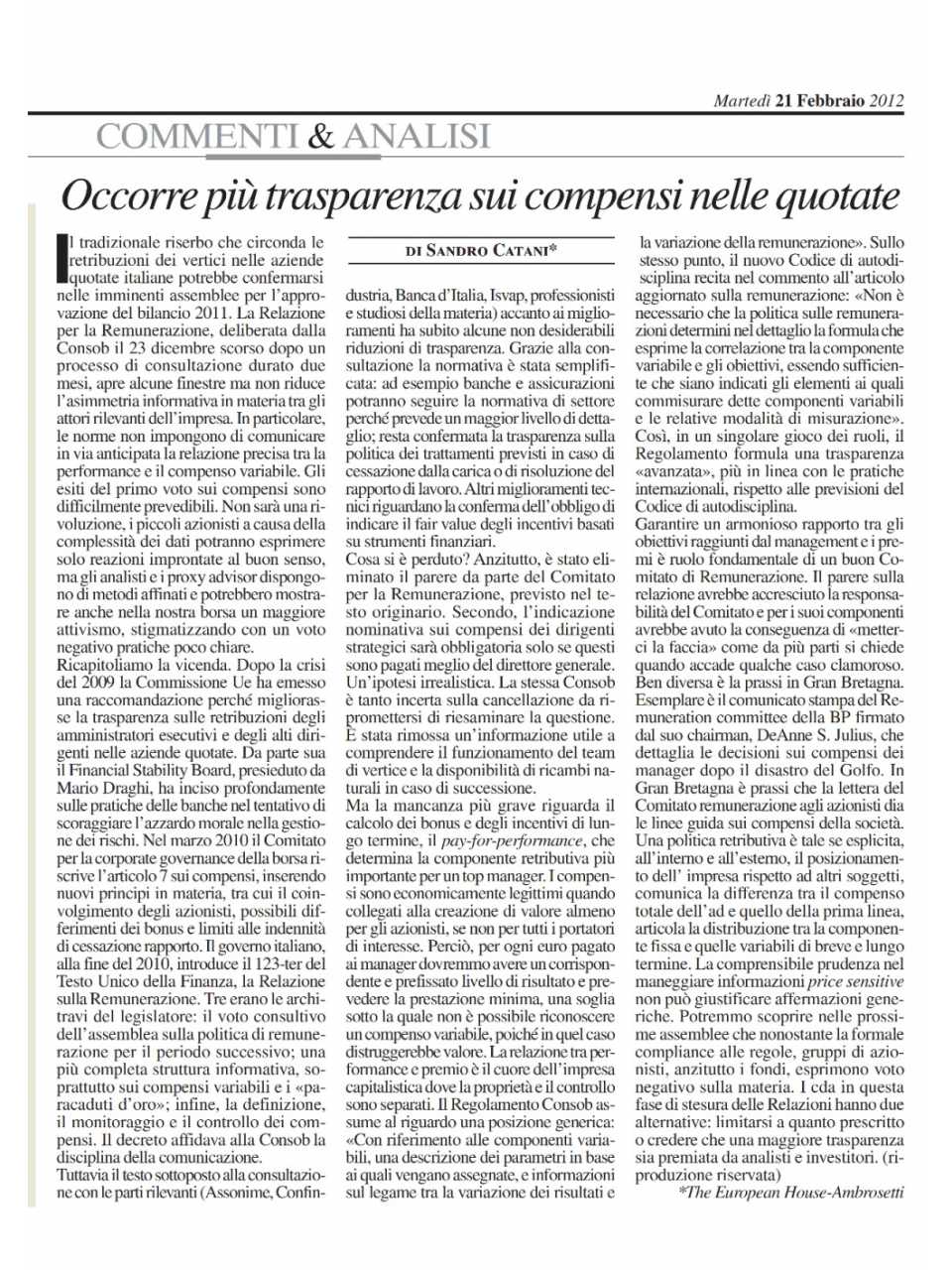Occorre più trasparenza sui compensi nelle quotate