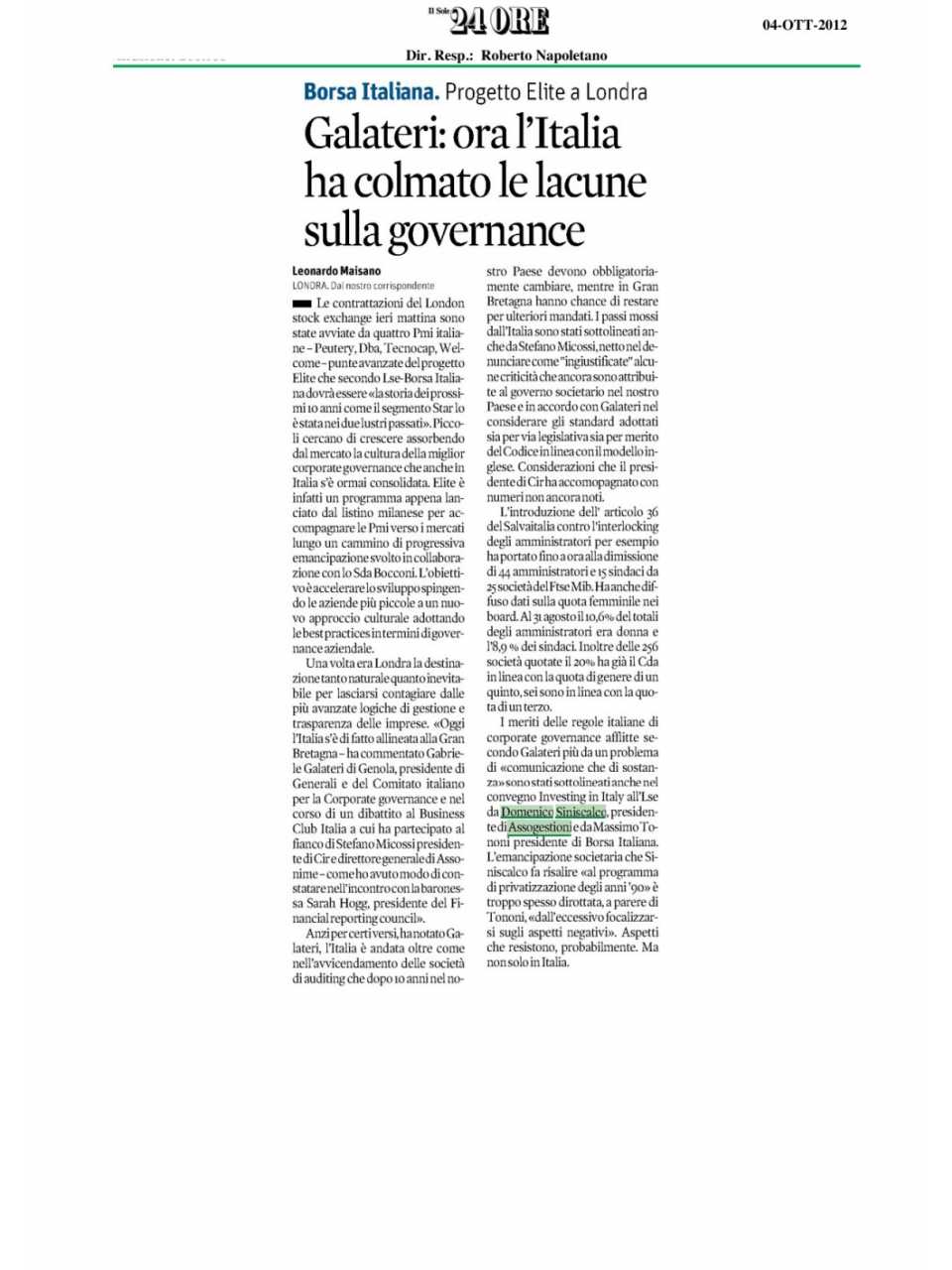 Galateri: ora l'Italia ha colmato le lacune sulla governance