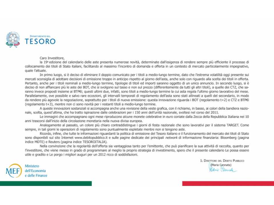 Calendario emissioni titoli di stato 2012