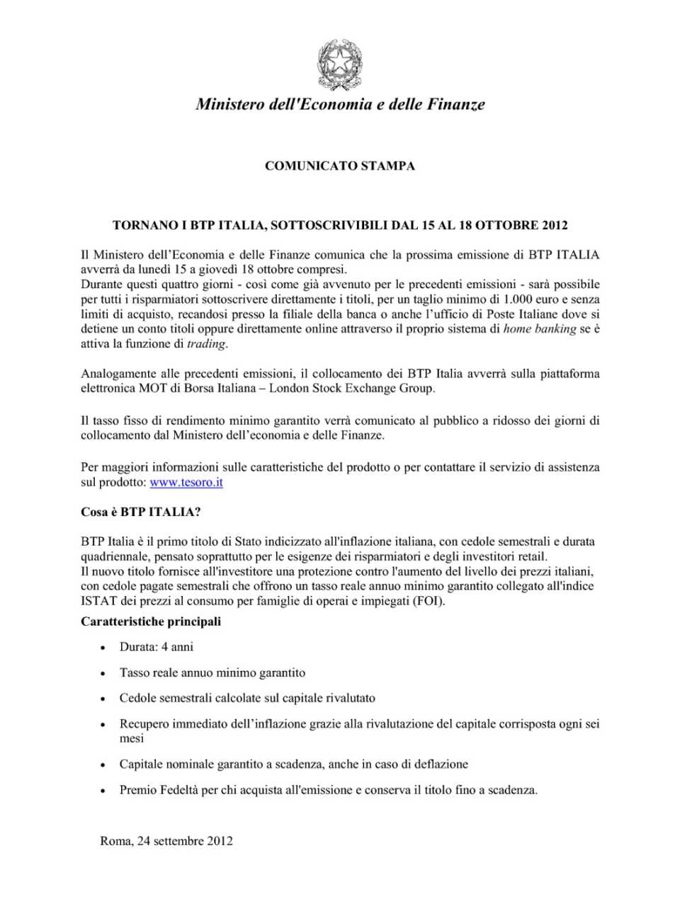 Comunicato stampa - Tornano i BTP Italia, sottoscrivibili dal 15 al 18 ottobre 2012