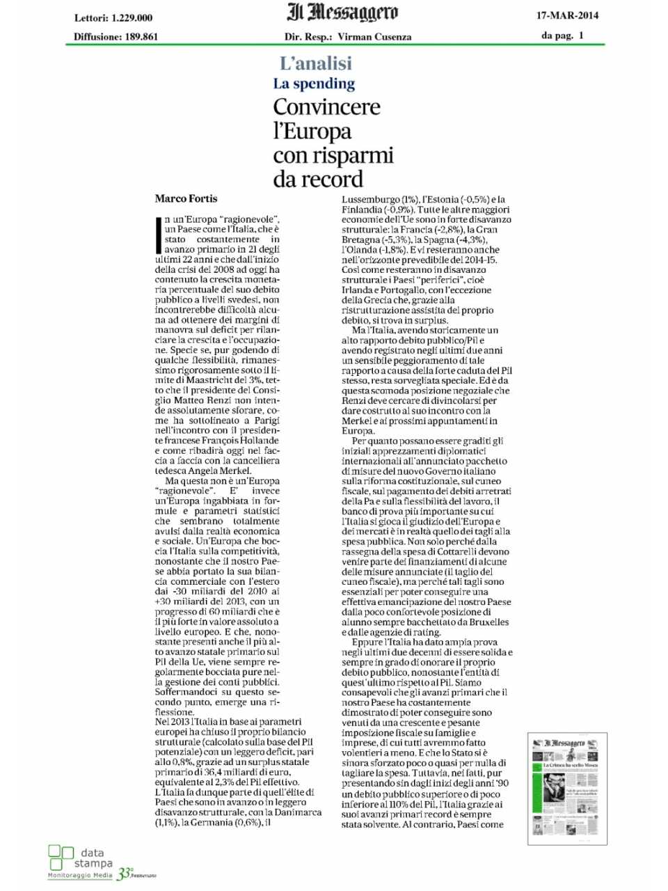 Convincere l'Europa con risparmi da record