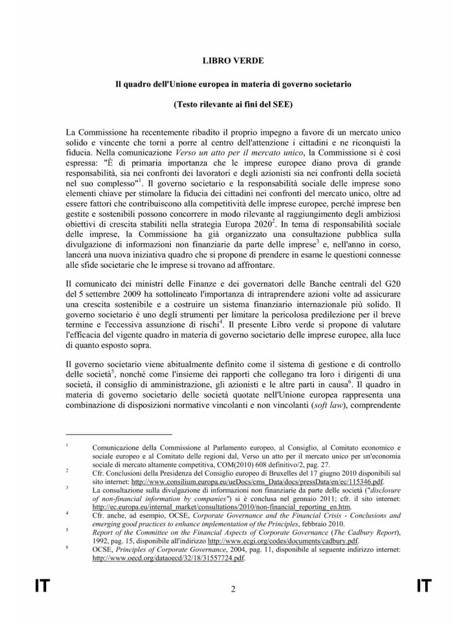 Libro verde.Il quadro dell'Unione Europea in materia di governo societario