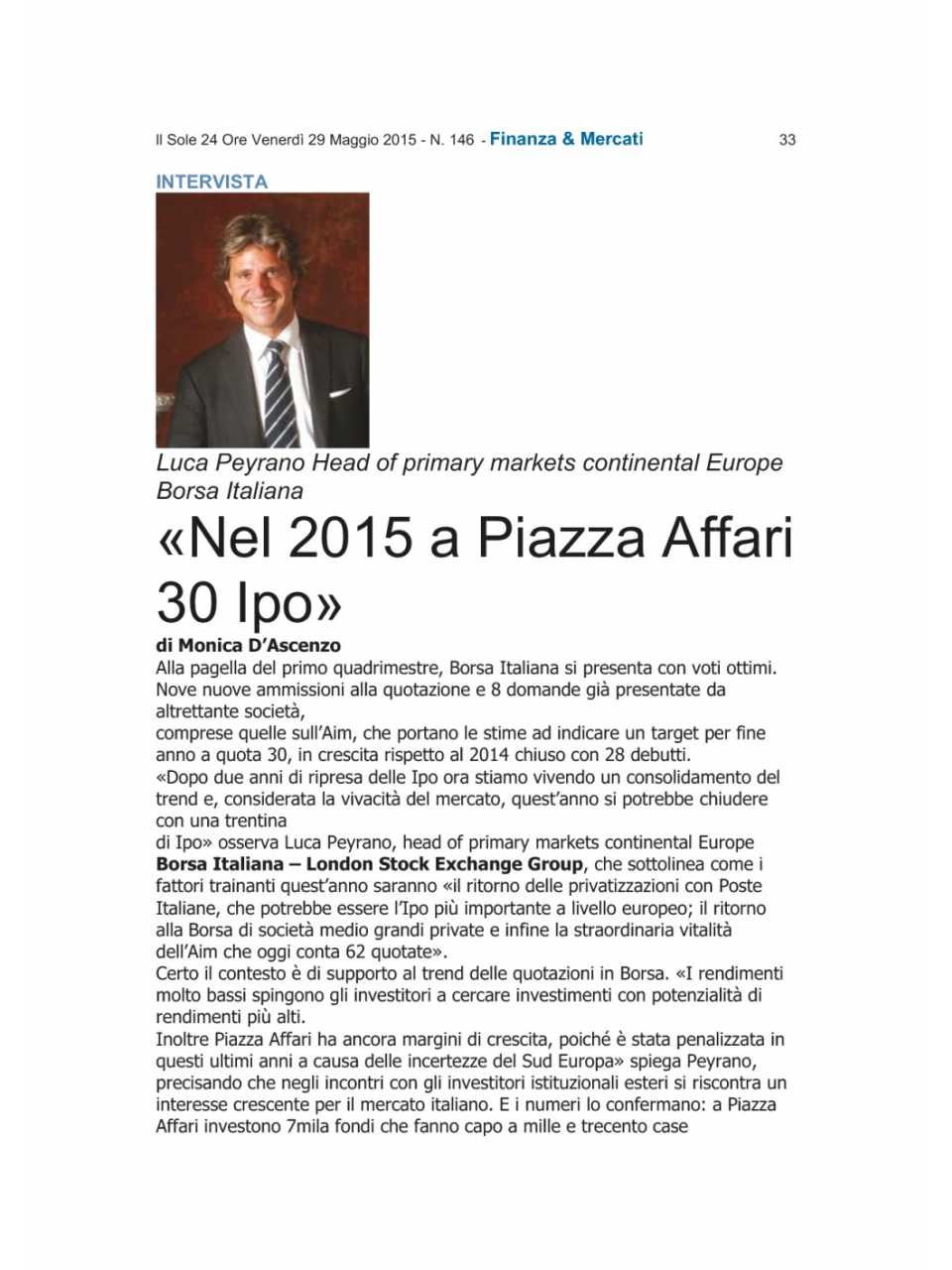 Nel 2015 a Piazza Affari 30 IPO