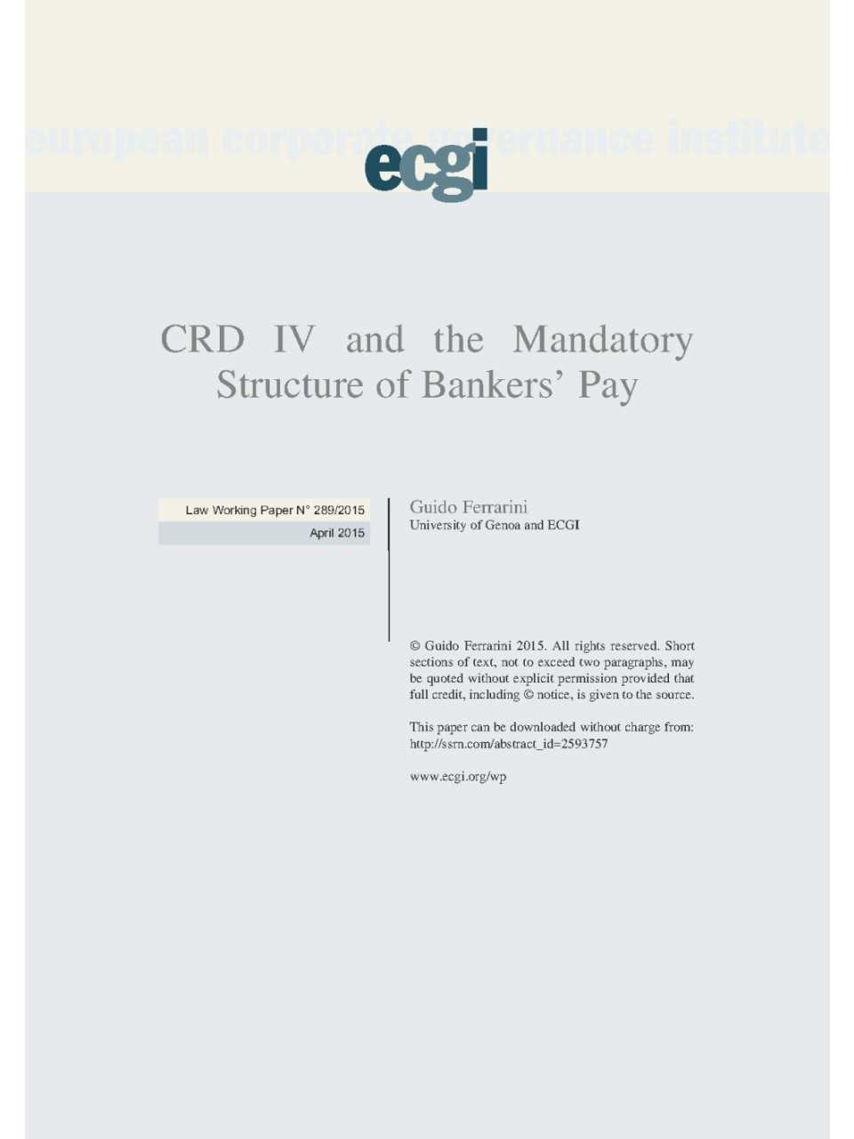 CRD IV and The Mandatory Structure of Bankers' Pay