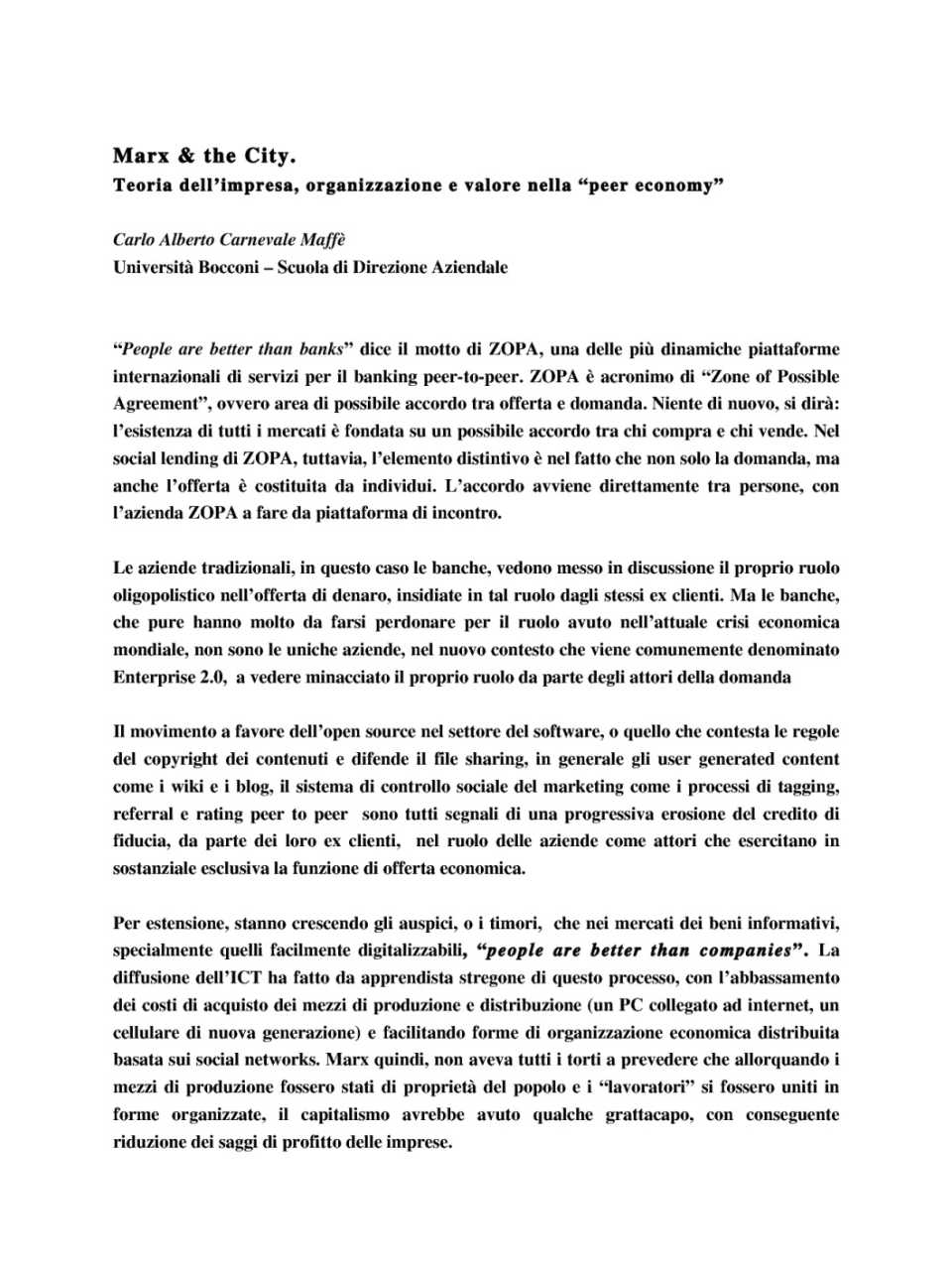 Marx & the city. Teoria dell'impresa, organizzazione e valore nella peer economy