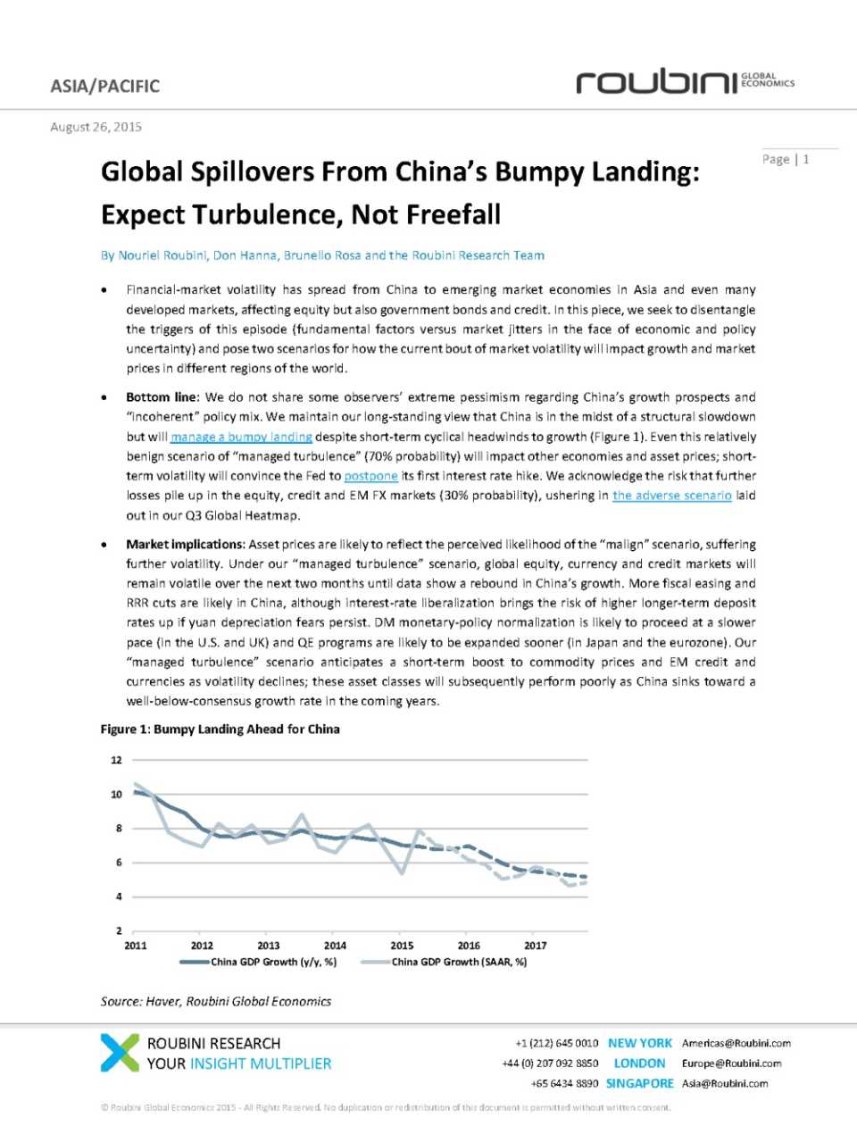 Global spillovers from China's bumpy landing: expect turbolence, not freefall