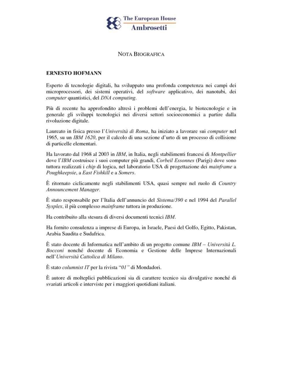 Nota biografica - Ernesto Hoffman