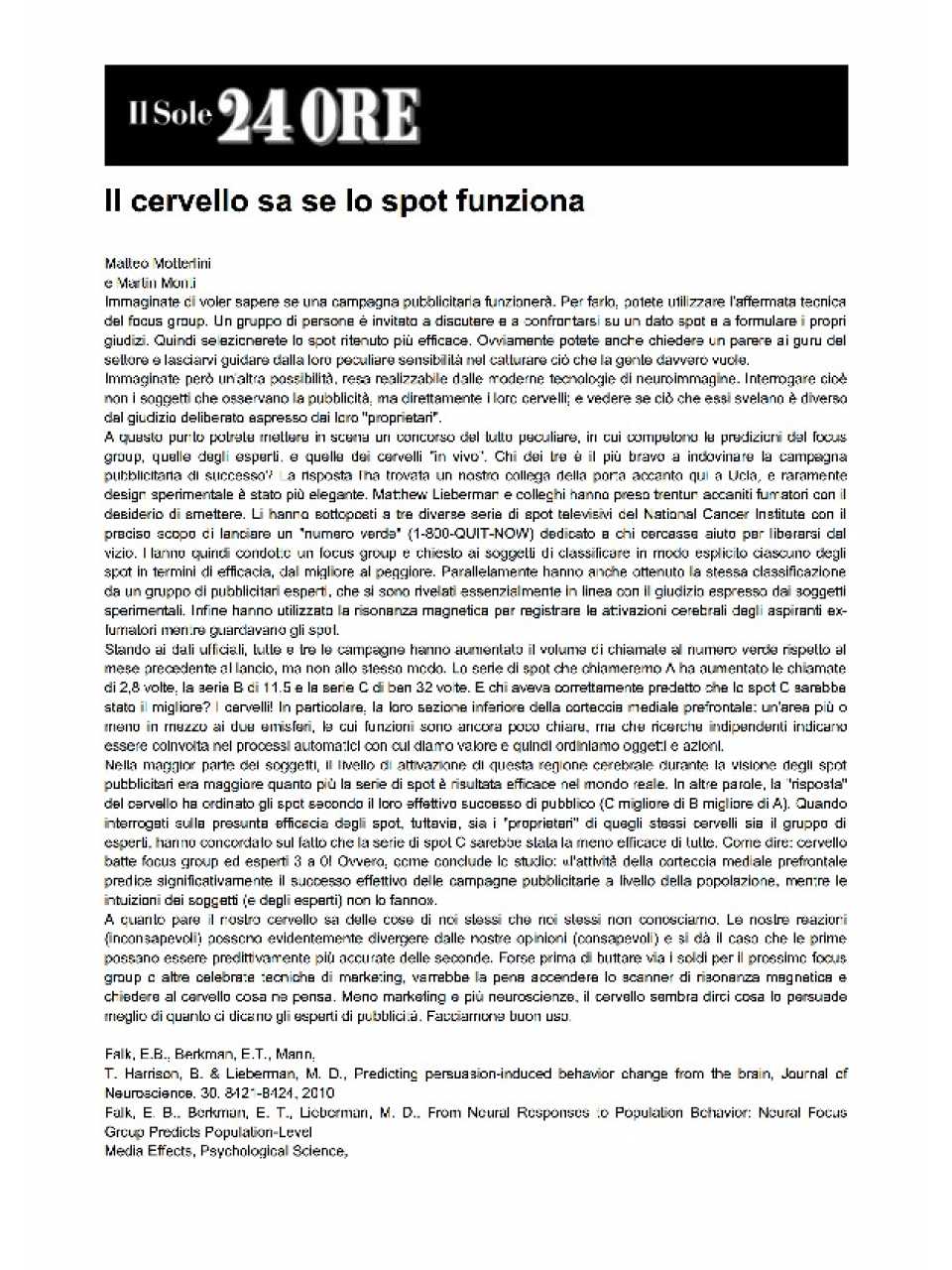 Il cervello sa se lo spot funziona