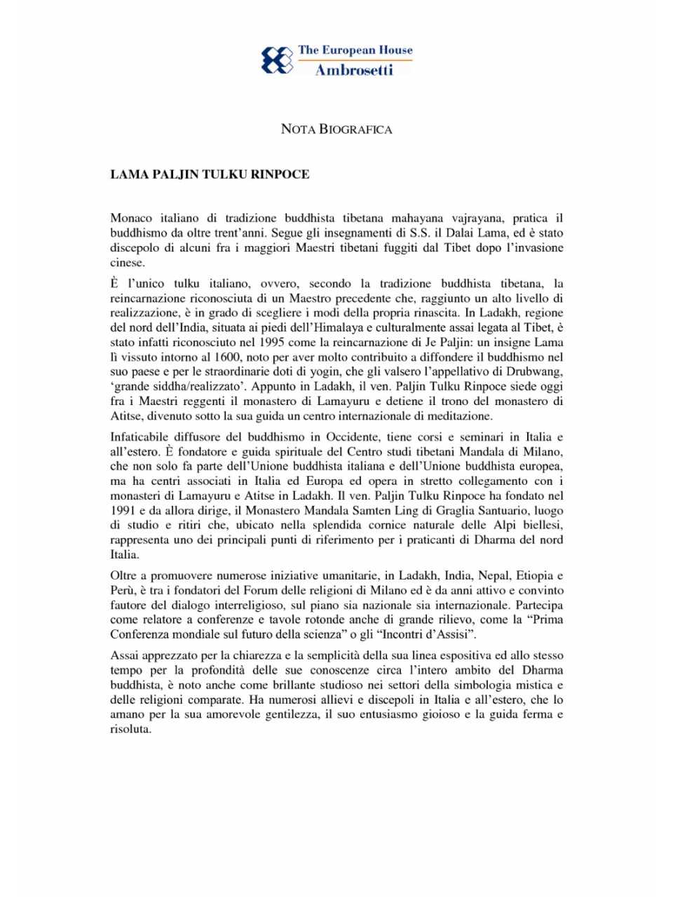 Nota biografica - Lama Paljin Tulku Rinpoce