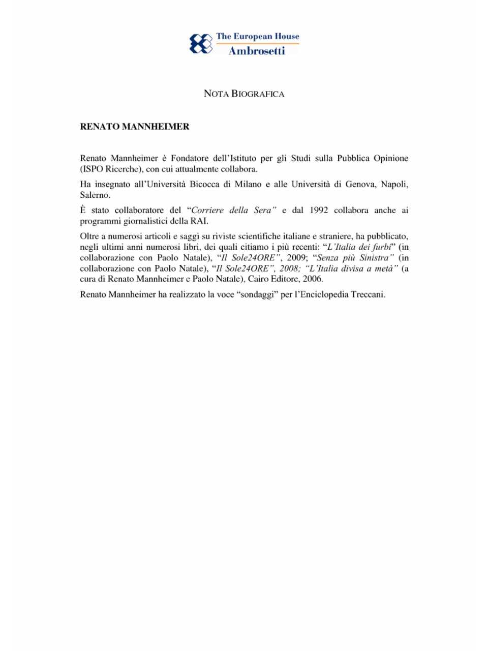 Nota biografica - Renato Mannheimer