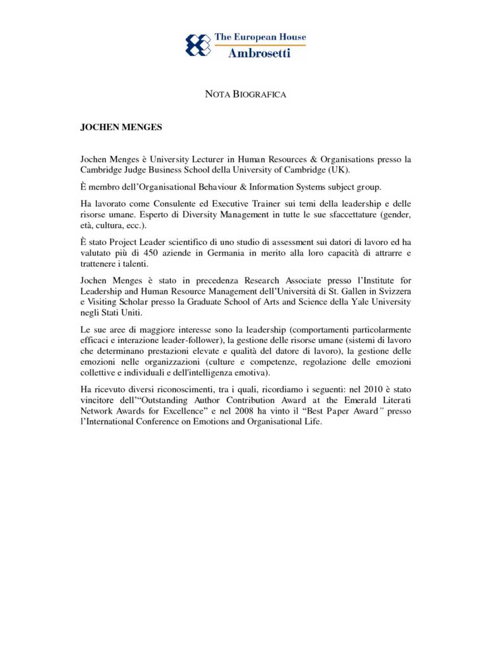Nota biografica - Jochen Menges