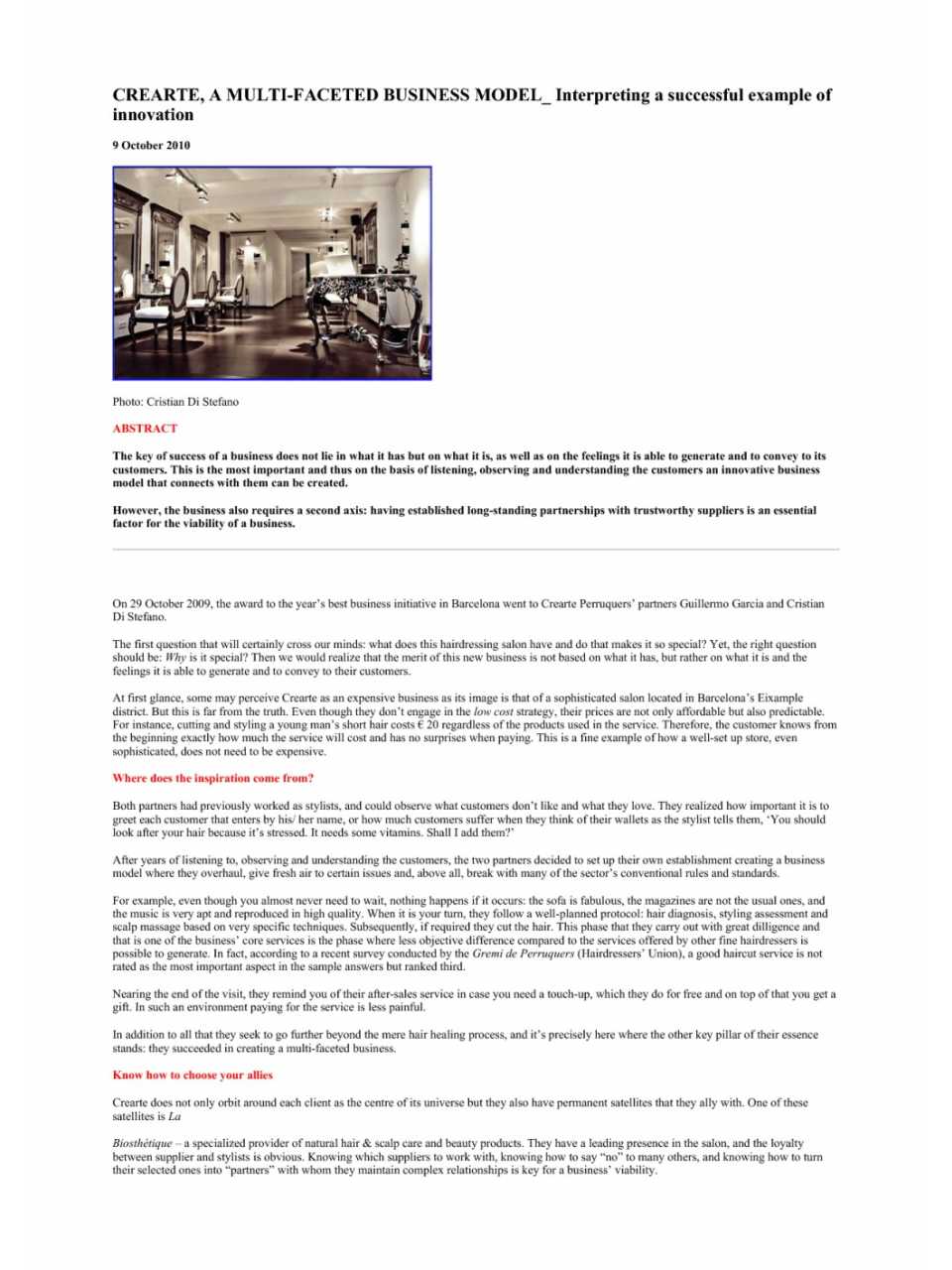 Crearte, a multi-faceted business model. Interpreting a successful example of innovation.