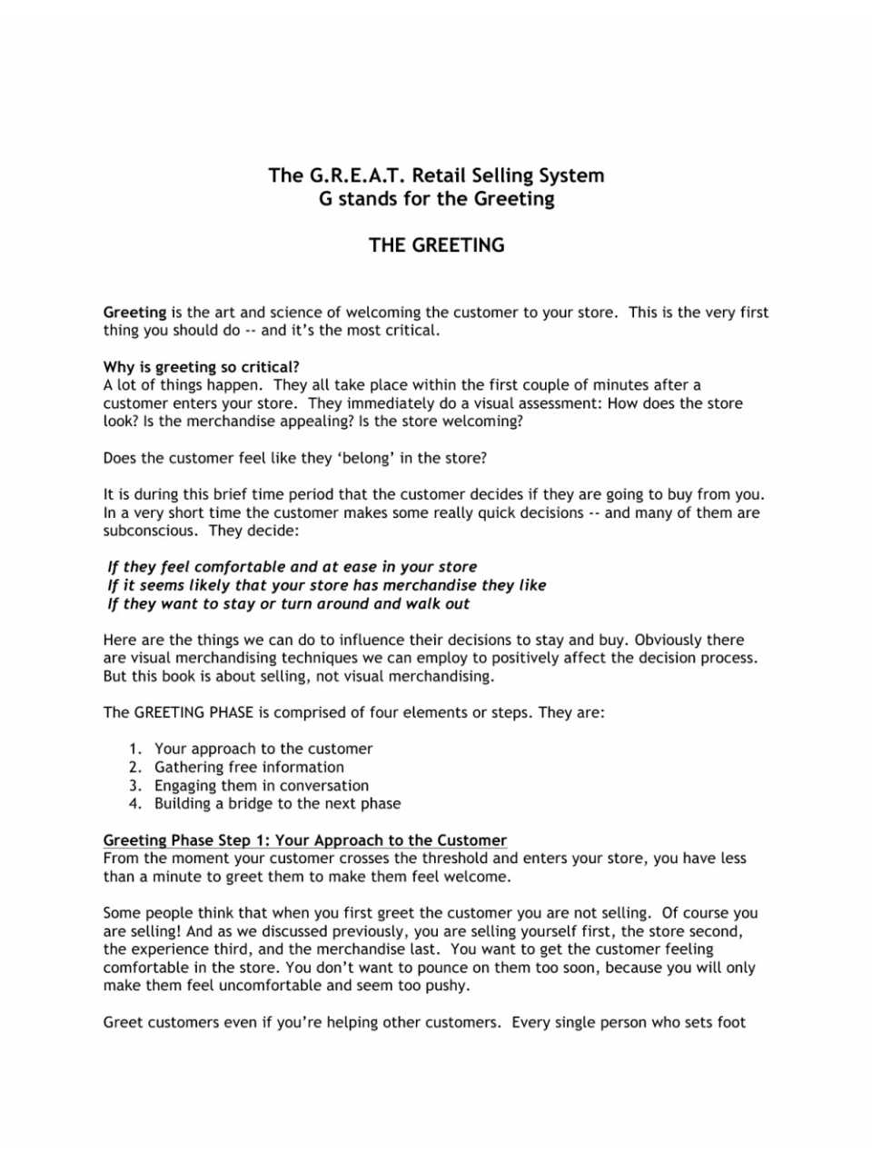The g.r.e.a.t retail selling system g stands for the greeting