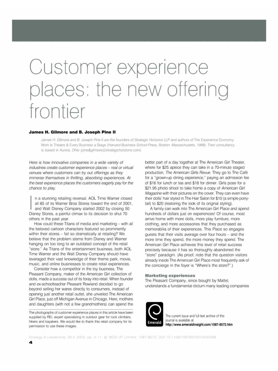 Customer experience places: the new offering frontier