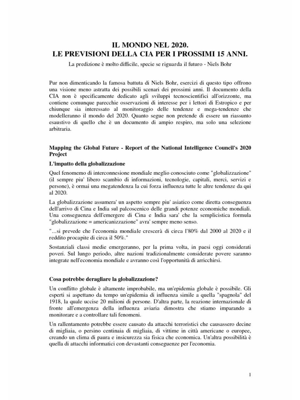 Il mondo nel 2020. Le previsioni della CIA per i prossimi 15 anni