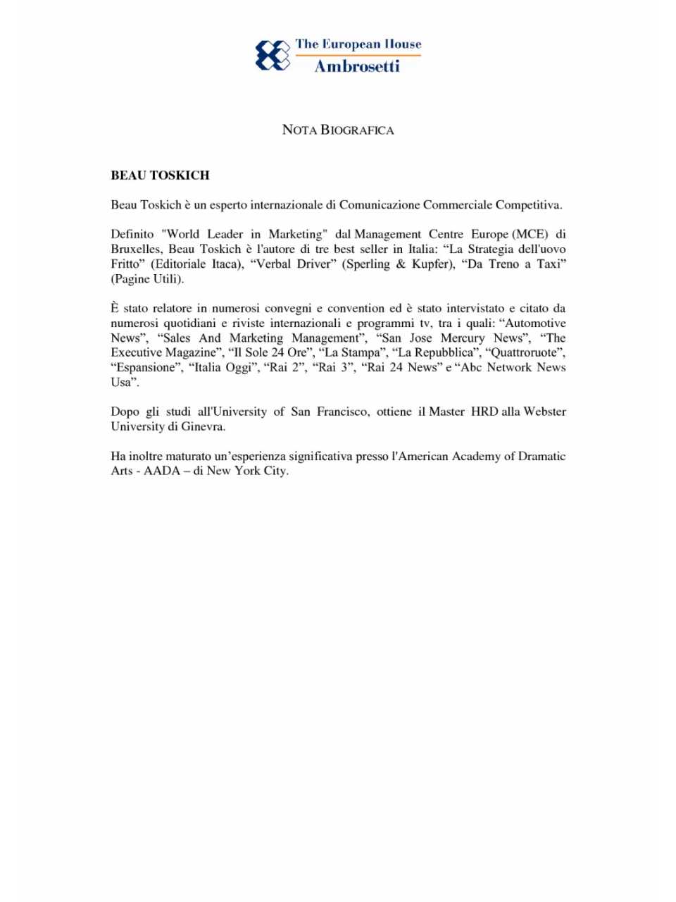 Nota biografica - Beau Toskich