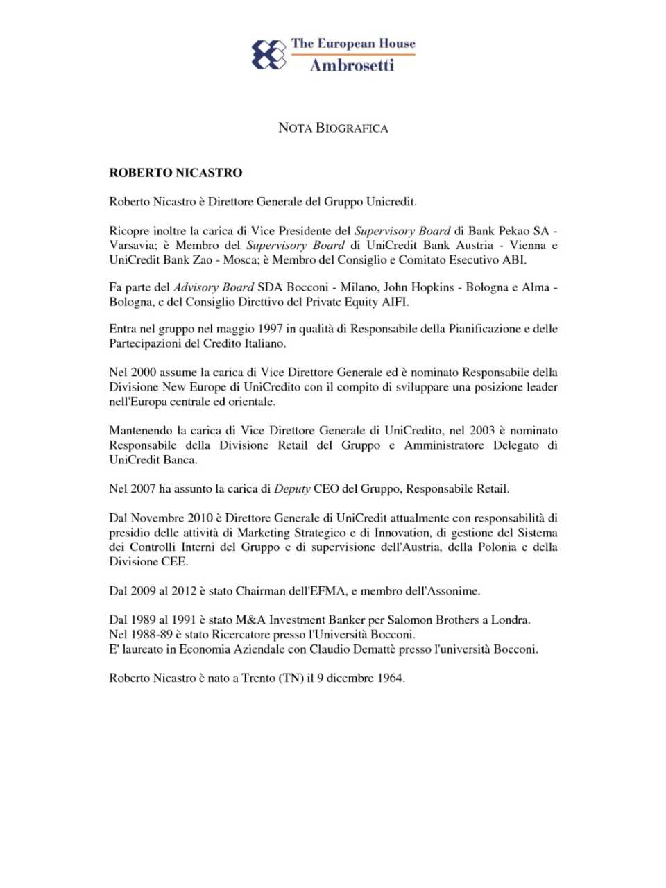 Nota biografica - Roberto Nicastro