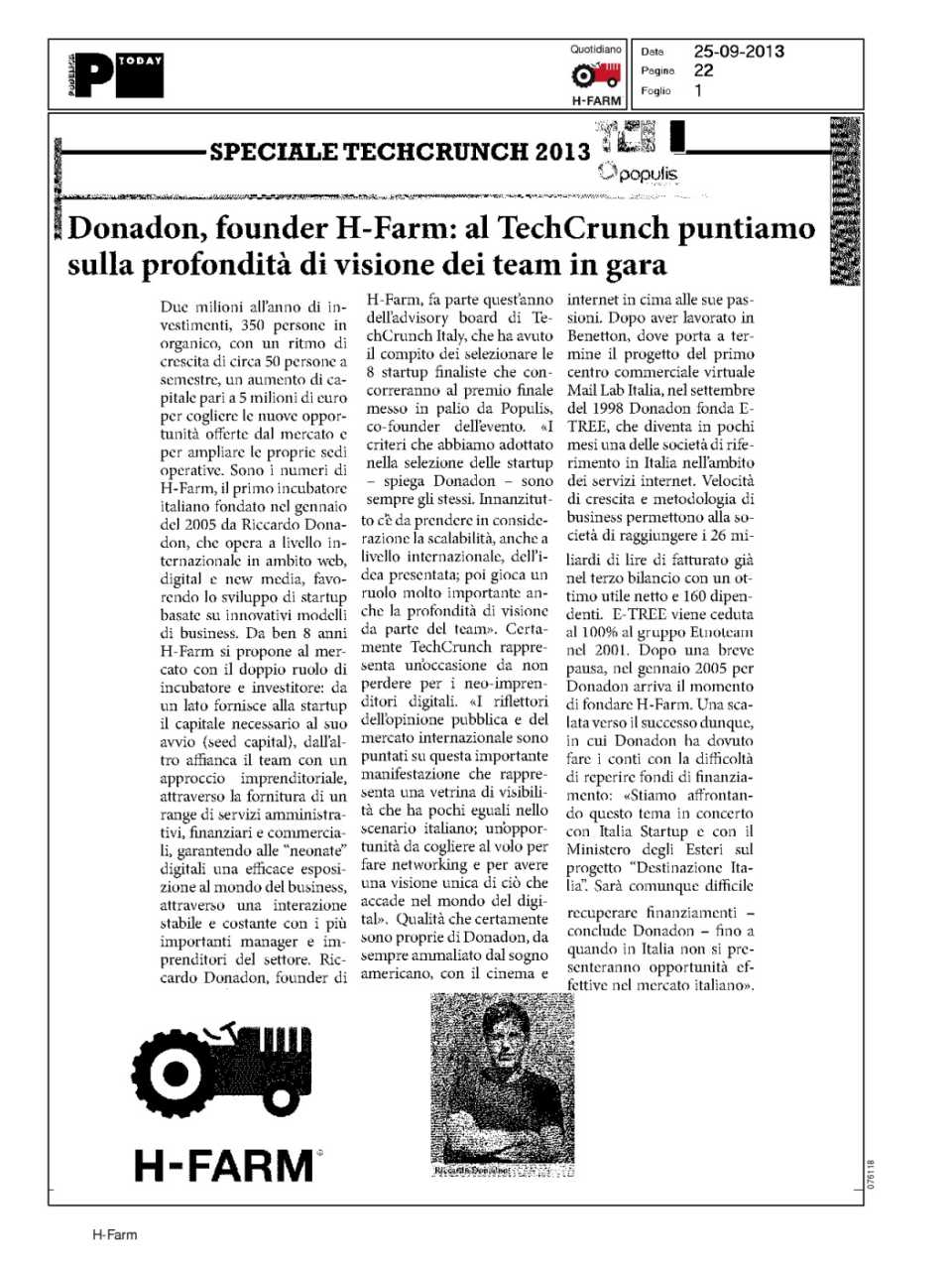 Donadon, Founder H-farm: al Techcrunch puntiamo sulla profondità di visione dei team in gara