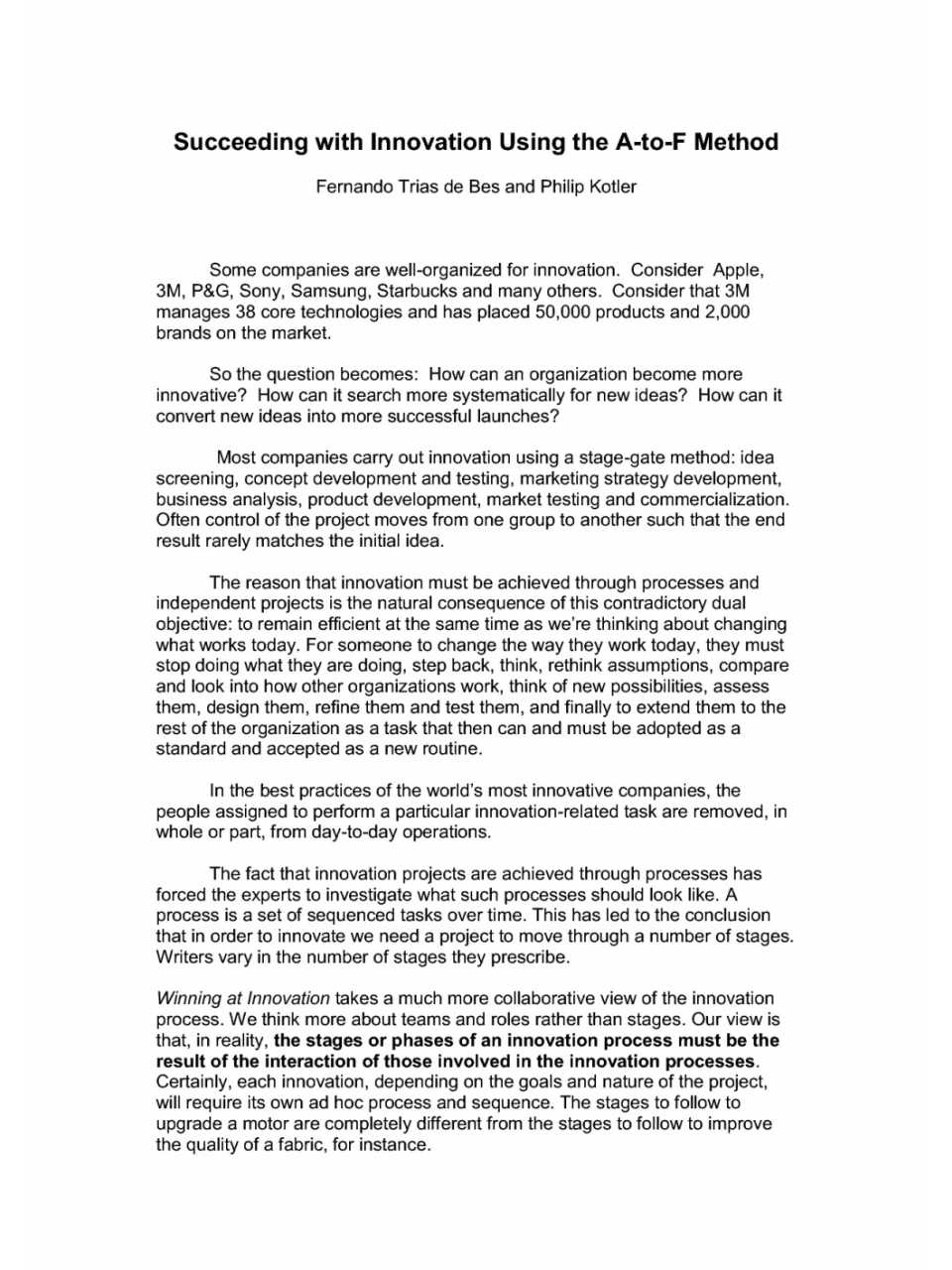 Succeeding with innovation using the A-to-F Method