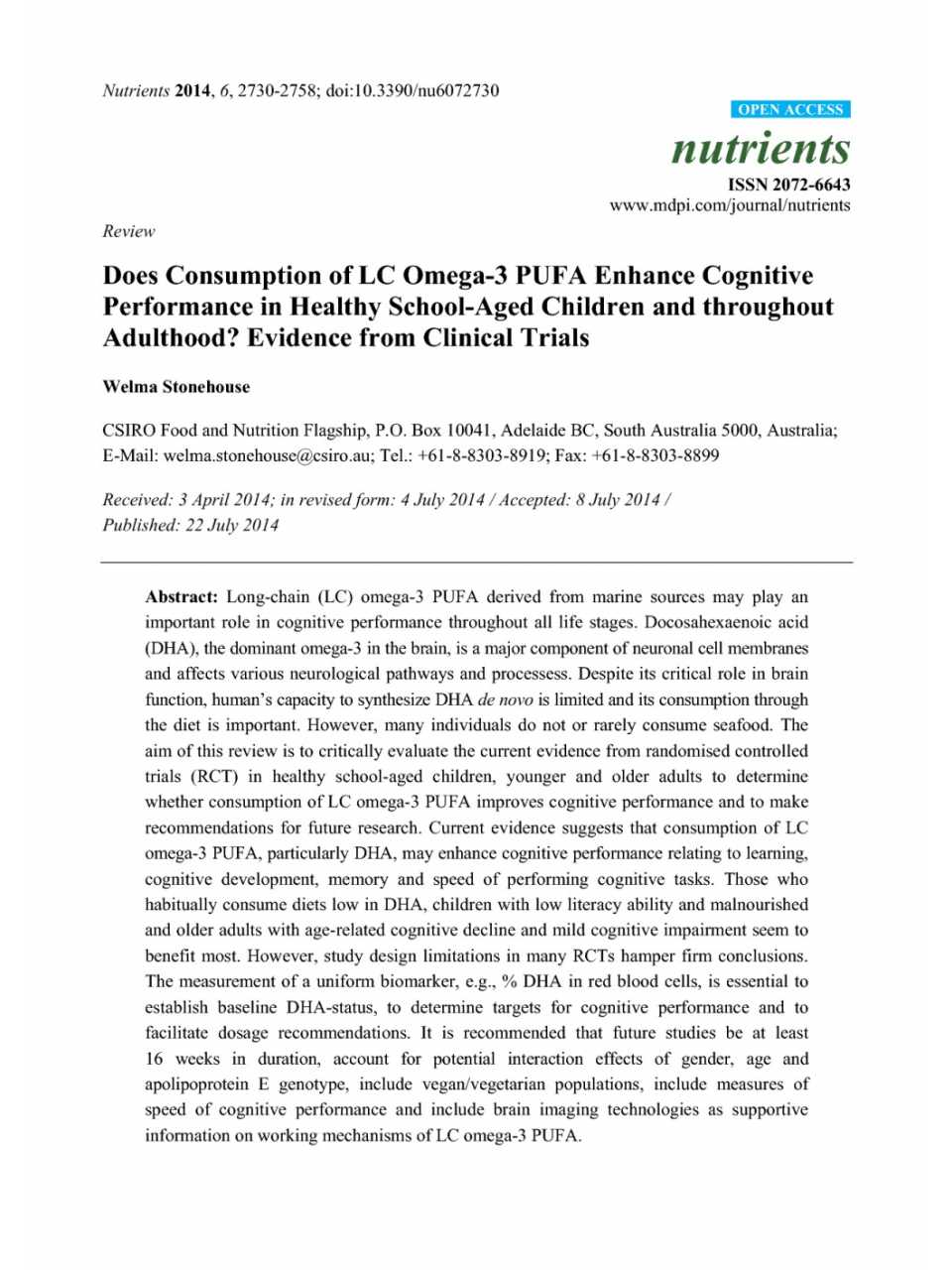 Does consumption of LC Omega-3 PUFA enhance cognitive performance in healthy school-aged children and throughout adulthood?