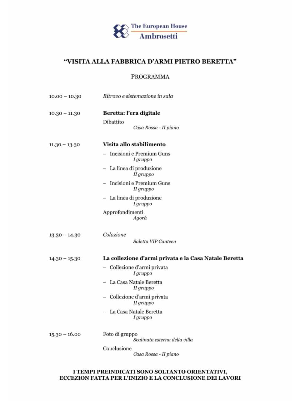 Programma - Visita alla Fabbrica d'Armi Pietro Beretta