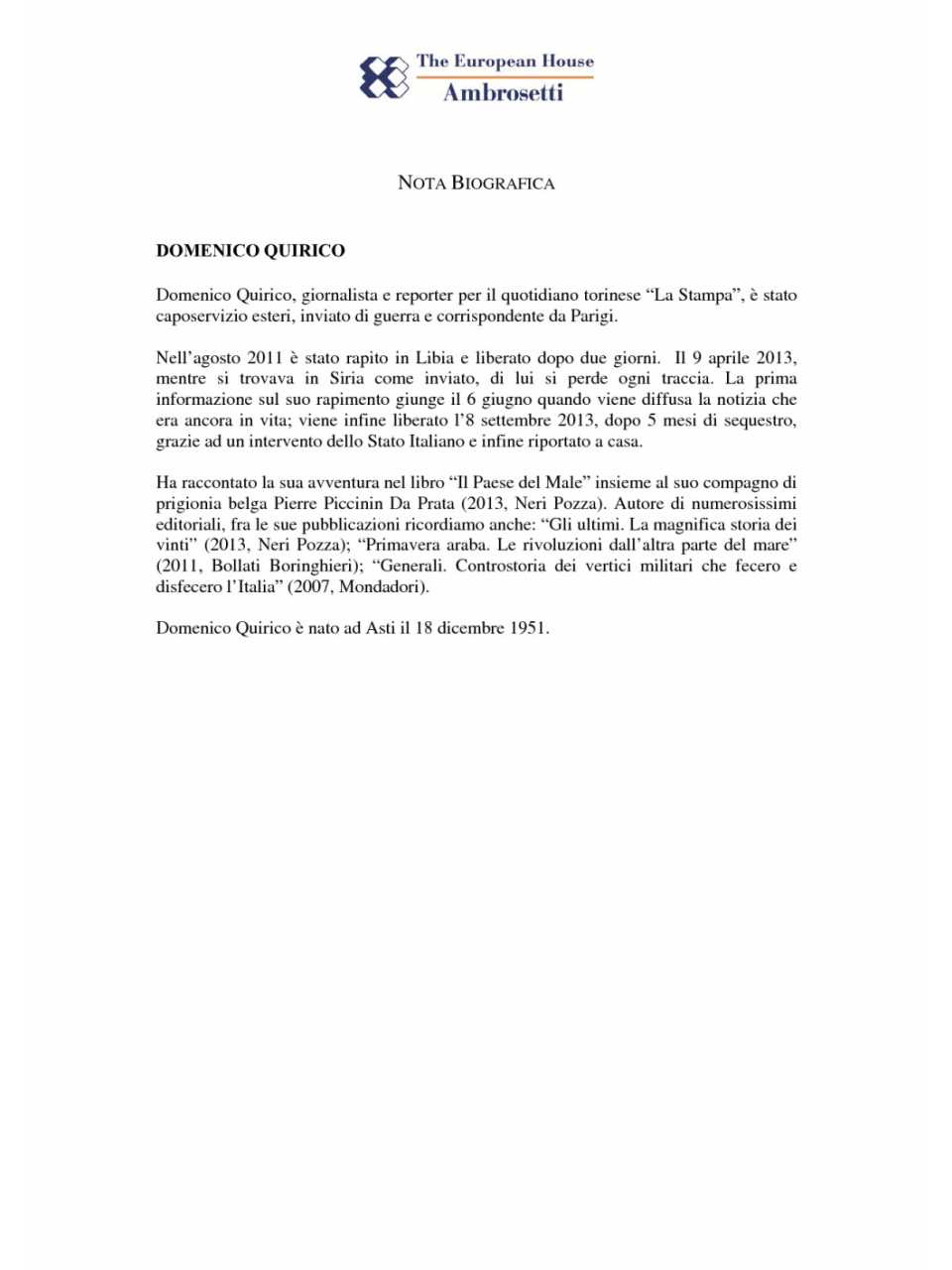 Nota biografica - Domenico Quirico