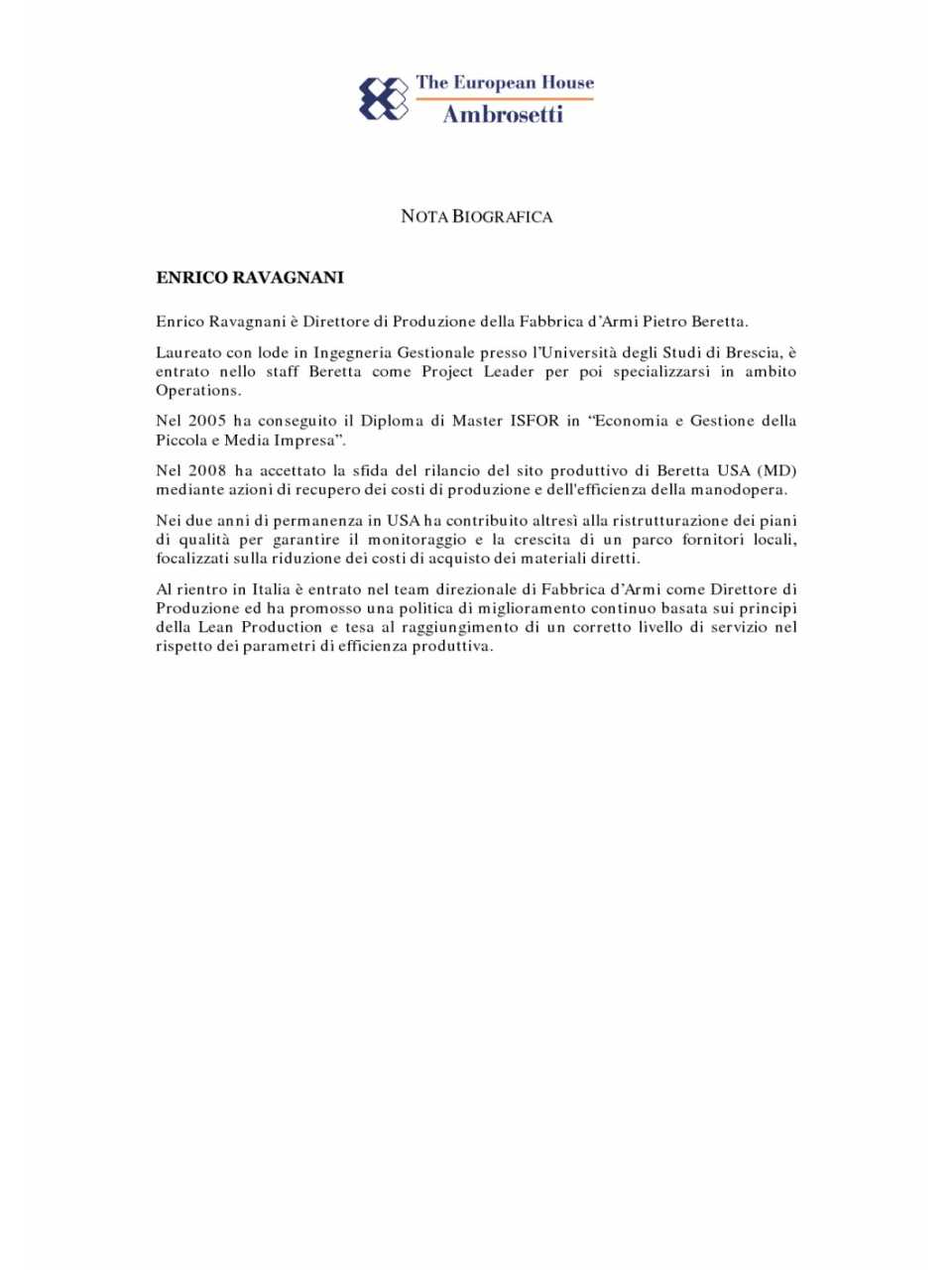 Enrico Ravagnani - Nota Biografica