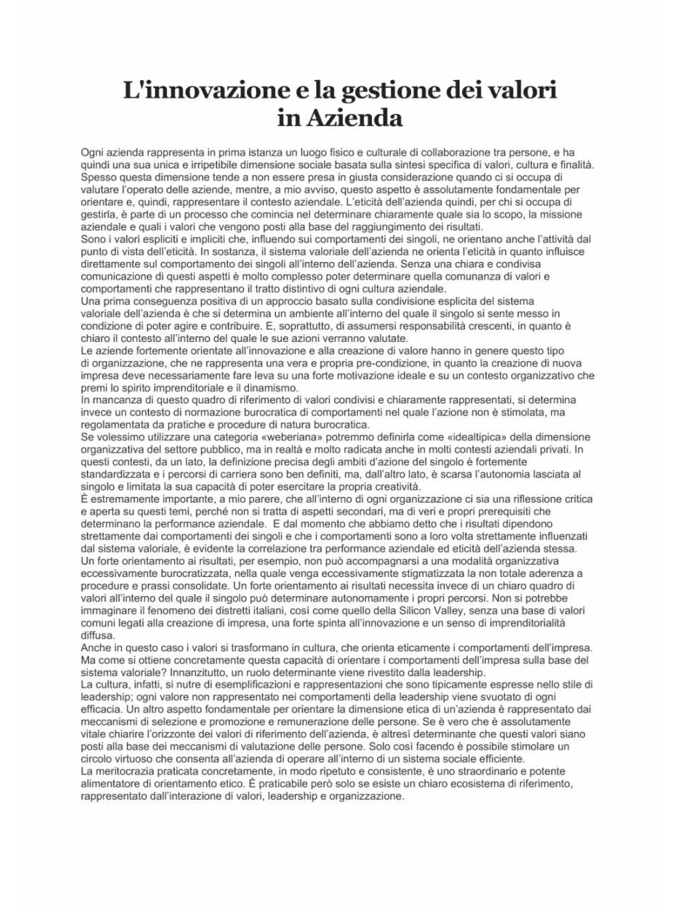 L'innovazione e la gestione dei valori in Azienda
