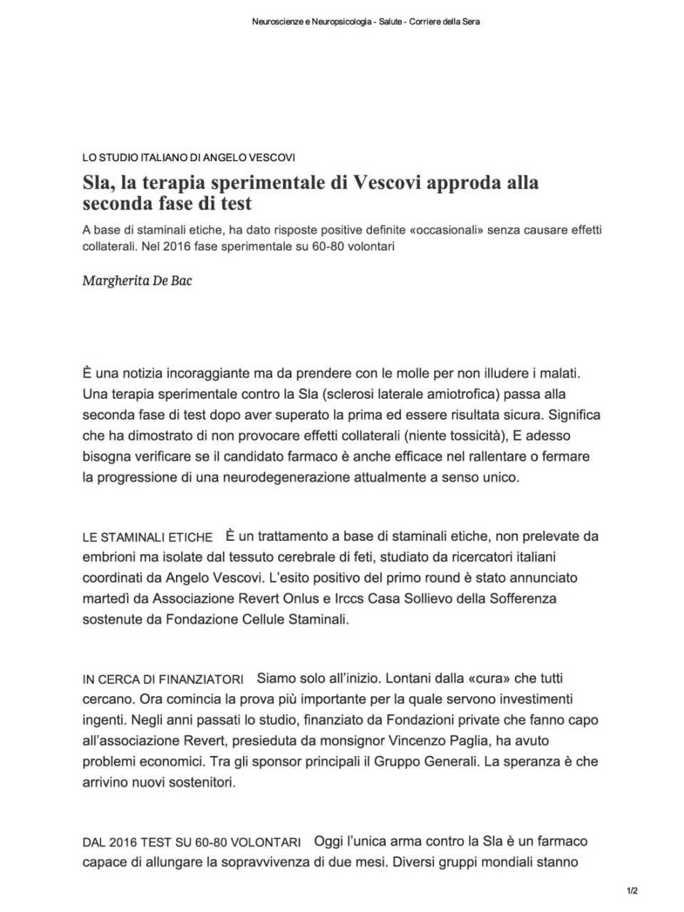 SLA, la terapia sperimentale di vescovi approda alla seconda fase di test