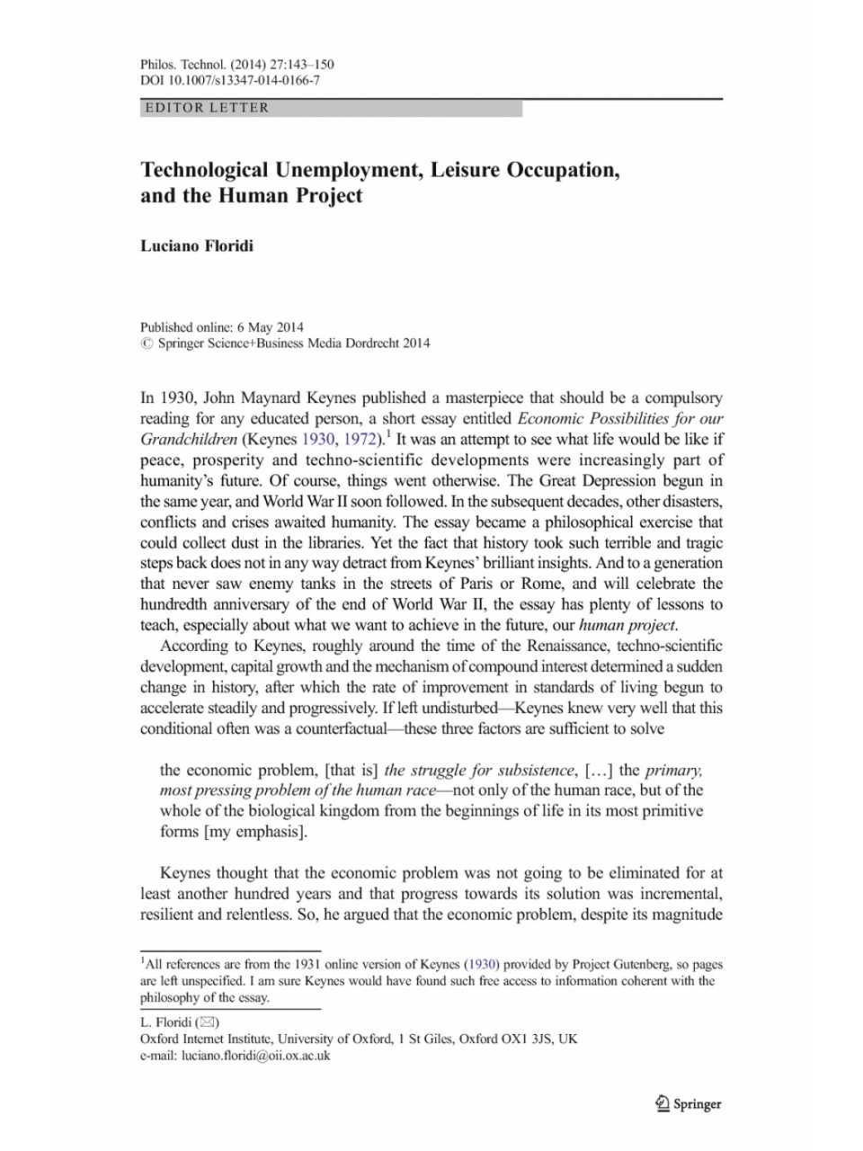 Technological Unemployment, leisure occupation, and the Human Project