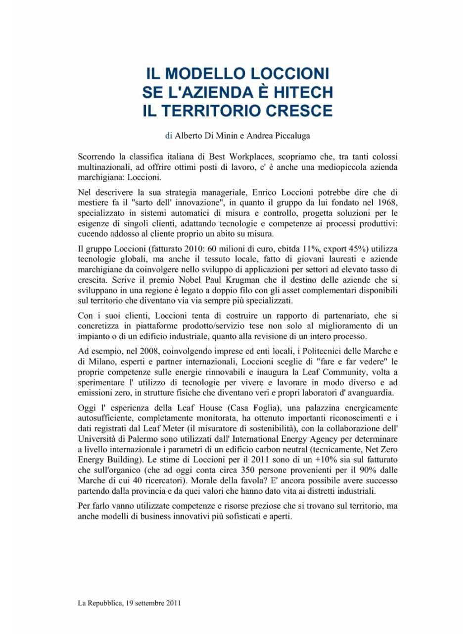 Il modello Loccioni se l'azienda è hi-tech il territorio cresce