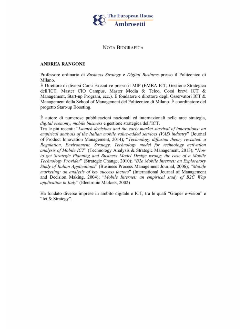 Nota biografica - Andrea Rangone